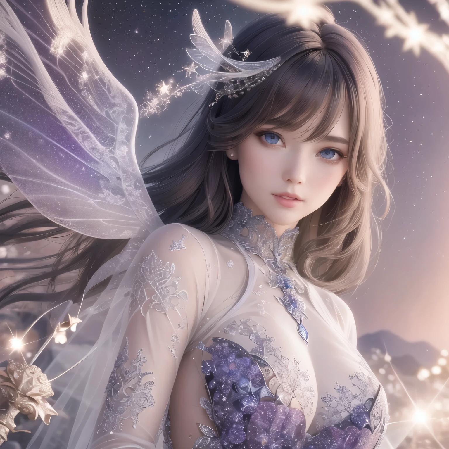 a beautiful fairy with wings on her back, the background is a shimmering, fantastical starry sky, she is looking towards the viewer and smiling slightly, holding a magic glowing wand in her hand, extremely detailed fantasy portrait, (best quality,4k,8k,highres,masterpiece:1.2),ultra-detailed,(realistic,photorealistic,photo-realistic:1.37),highly detailed face, beautiful detailed eyes,beautiful detailed lips,extremely detailed eyes and face,longeyelashes,detailed fantasy fairy,detailed fantasy wings,detailed magic wand,detailed starry sky background,soft lighting,warm color tones,cinematic lighting