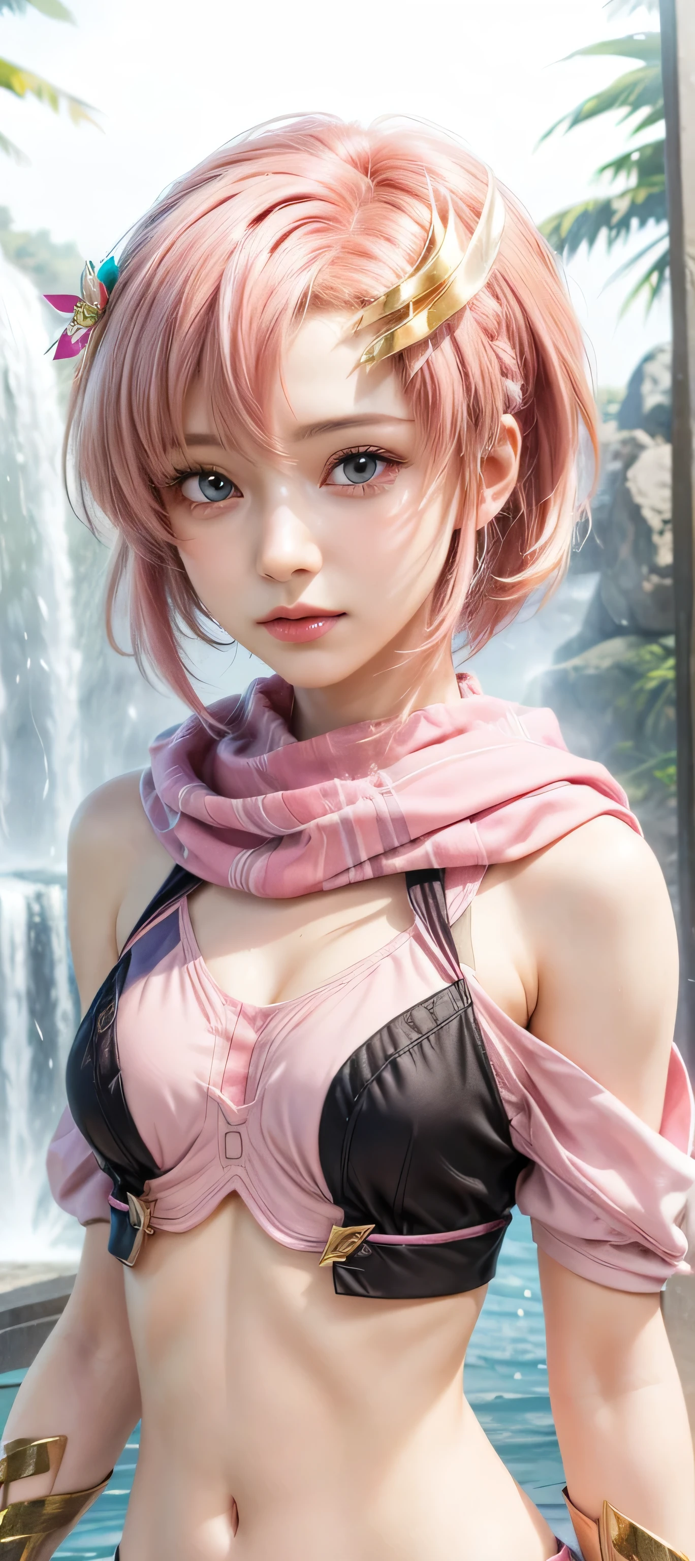 masterpiece, best quality, (realistic,photo-realistic:1.4), (RAW photo:1.2), extremely detailed CG unity 8k wallpaper, delicate and beautiful, amazing,finely detail, official art, absurdres, incredibly absurdres, huge filesize, ultra-detailed,extremely detailed eyes and face,light on face,lacus clyne,(pink hair:1.4),(short hair:1.4),(honkai impact outfit:1.5),(under waterfall background),hair clips,navel,(hair ornament:1.5),scarf