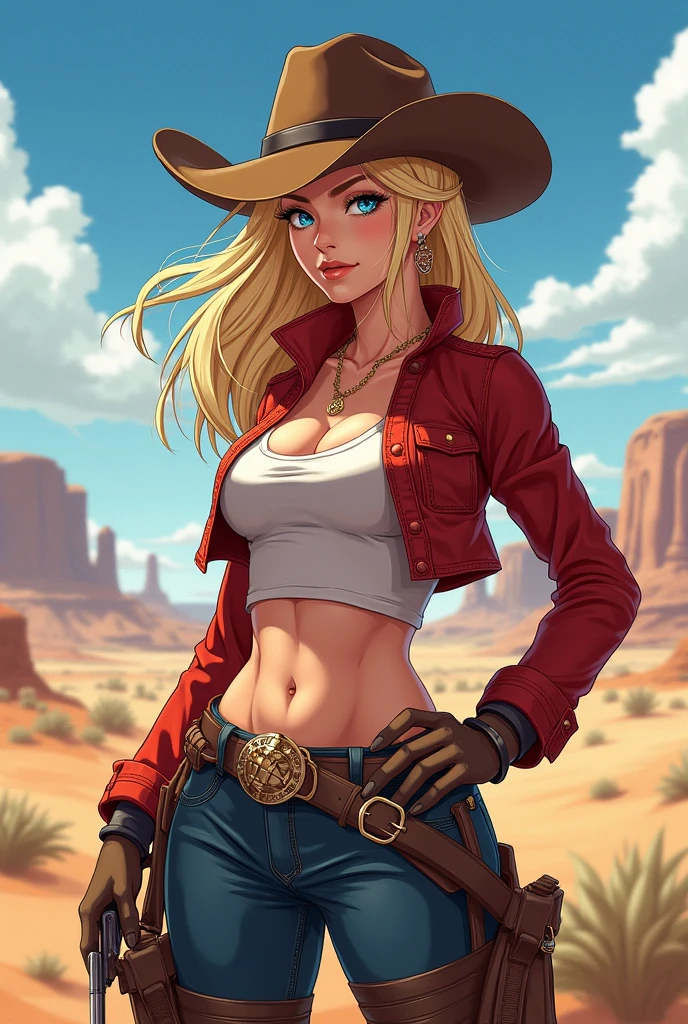 Ariana Grande, cowboy_hat, dark_skin, western, NSFW, desert, holding a revolver, cowboy_outfit, open shirt