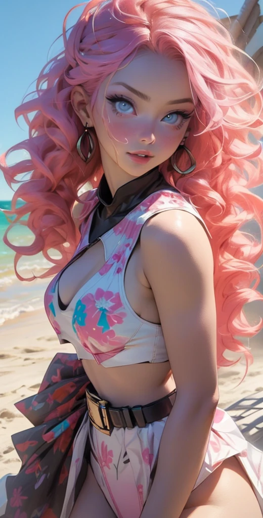 A woman with colorful hair and makeup posing for a photo in a fantasy world inspired by Lisa Frank. The sky is a vibrant pink and the clouds are an electric blue, while the ground is covered in pastel colored flowers and butterflies. El retrato es una mezcla de pop surrealism y arte pop, con detalles detallados y una mirada deslumbrante