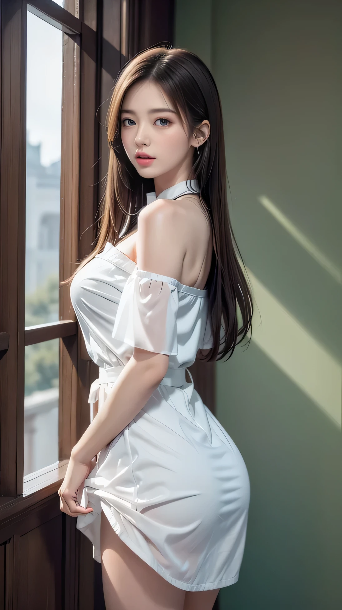 ((Bust Top)), In the back alley、( beautiful girl, Baby Face:1erson、((Only wearing an oversized T-shirt))、Slender body line, Small and slender figure、((A mean look:1.3, blush))、(Beautiful breasts, A cleavage of fascination with tension:1.2), Small beautiful butt, Thin thighs, Short pigtails、(Detailed eyes and face:1.3, Professional photography techniques, Cinema Lighting), (Highest quality, 8K, masterpiece:1.2, RAW Photos), (Photorealism:1.2), ((Pose with hands close to mouth:1.2)), (Detailed lips and hands:1.2)