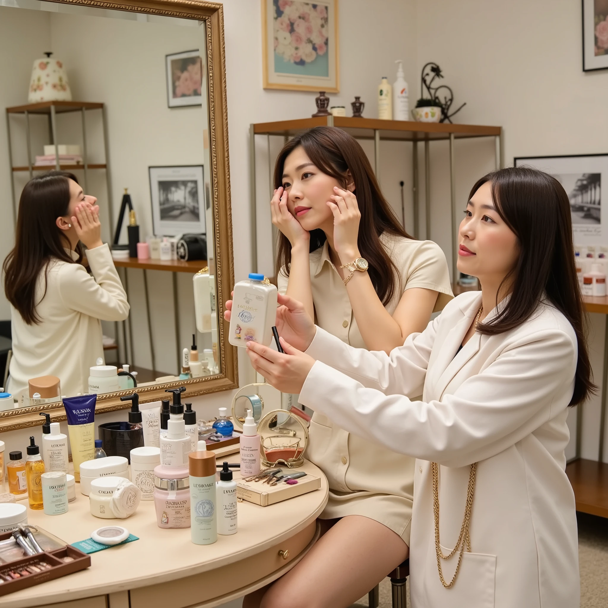  Japanese influencers using L'Occitane skincare products、Make up in front of a dressing table 、 create a photo wearing trendy clothes 