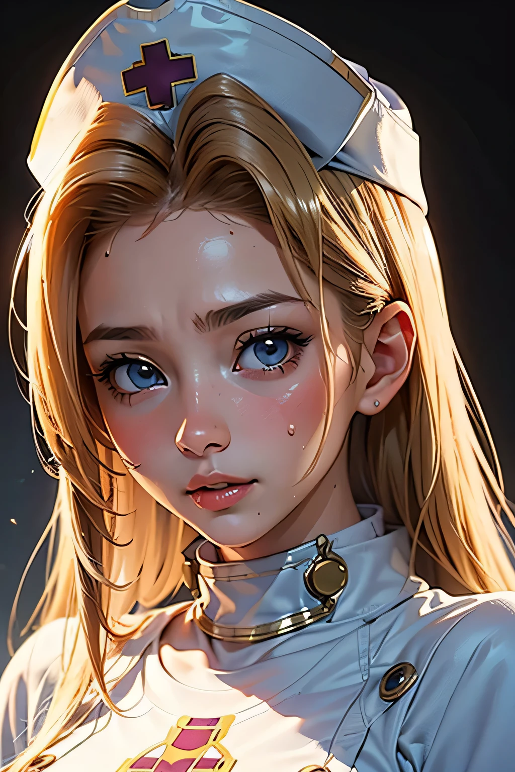 (Ino Yamanaka), blue eyes, long hair, blonde, which is always seen in a ponytail, hair with bangs, formerly small, covering much of her face, muscular, messy hair, huge breasts, standing up, sarashi white breast, sarashi, underboob, breasts bandages, arm bandages (insanely detailed, beautiful detailed face, masterpiece, best quality) volumetric lighting, tone mapping, (looking disgusted), konosuba, (((no errors))), ((well detailed)), (((extremely well done)))