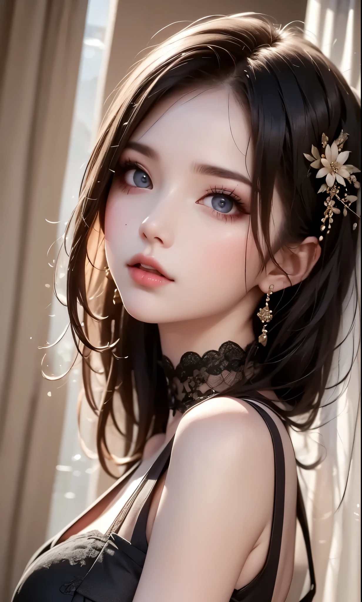 RAWphotograph, photograph, Realistic, 8K vivid photograph of a woman in nature, Super detailed, In detail, Dramatic Light, In detail beautiful eyes, Detailed skin, Depth of written boundary, Grey Eyes, ((black dress)), from side, cool girl face, beautiful eyes, face type, reika