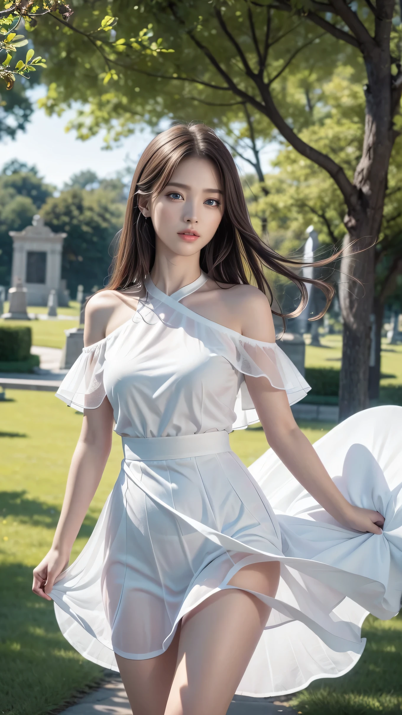 Araffe asian woman in white dress walking in a park - SeaArt AI