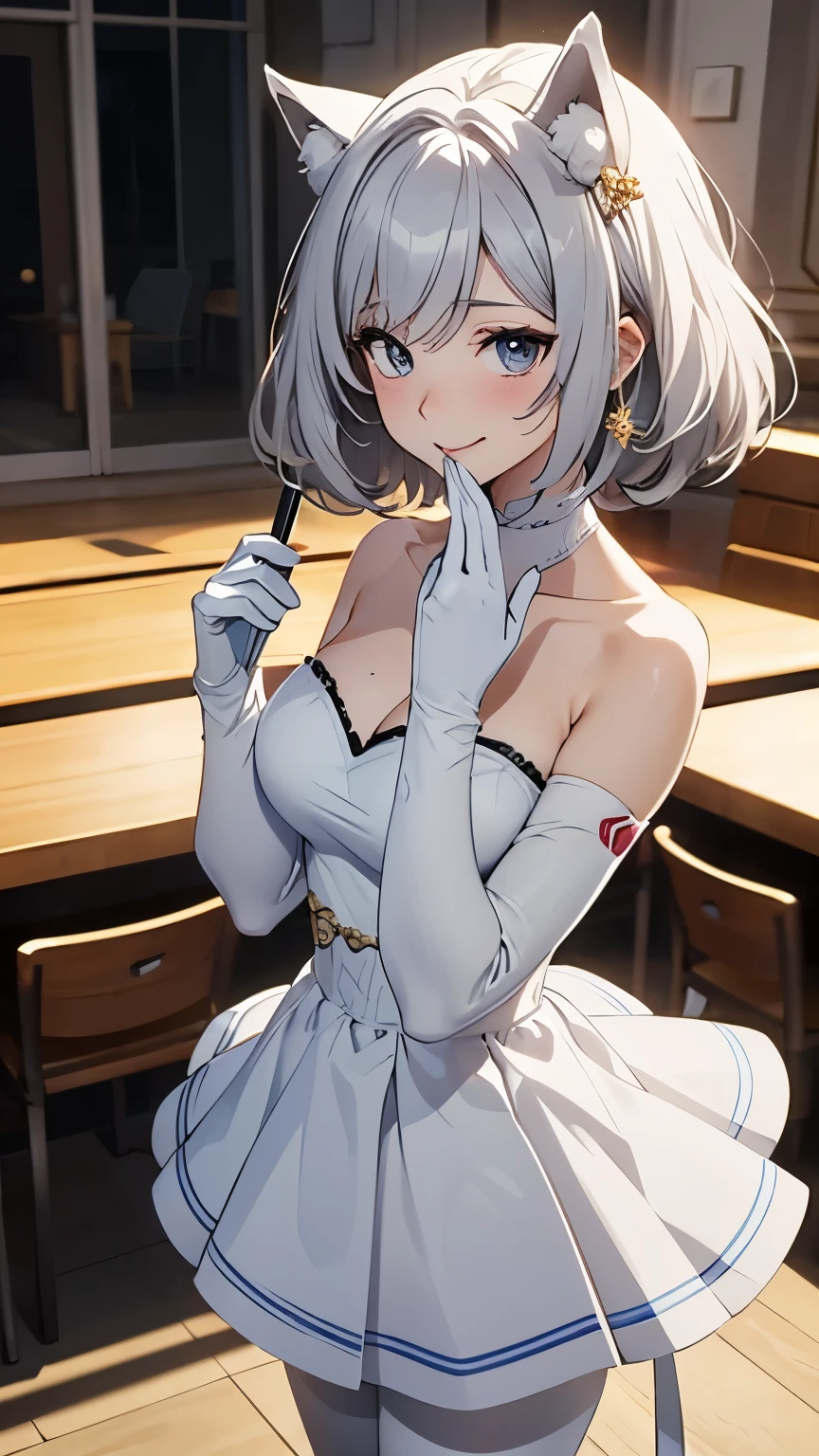 table top High level image quality 最High level image quality 8k lady(I) full body portrait blancheロンググローブ((blanche)(elbow gloves)) white long dress(Tube top) wolf ears short hair((shortcut)(gray hair)(perm)(fluffy)) eye color is blue laughter((open your mouth)) sit on a chair turn this way breakfast