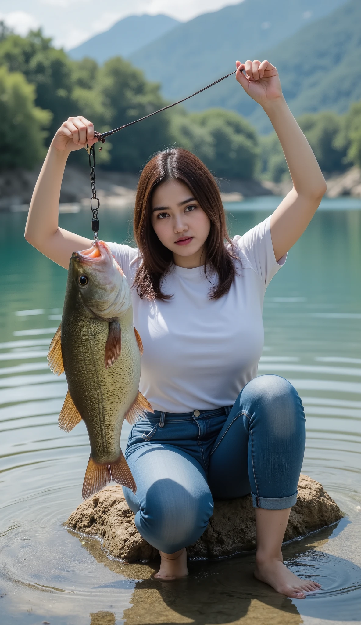 close-up wide-angle shot. wide hooded t-shirt hodi. t-shirt fits with calf-length jeans. Beautiful Indonesian woman. weight 65kg. sitting in the river on a large rock, the water is clear as glass. feet touching puddles of water. both hands raised upwards. both hands lifted a giant catfish. showing underarm accents. nice smooth armpits. beautiful armpits. a surprised expression with eyes wide open. background in big water river. The background is green mountains. background on a wide river.