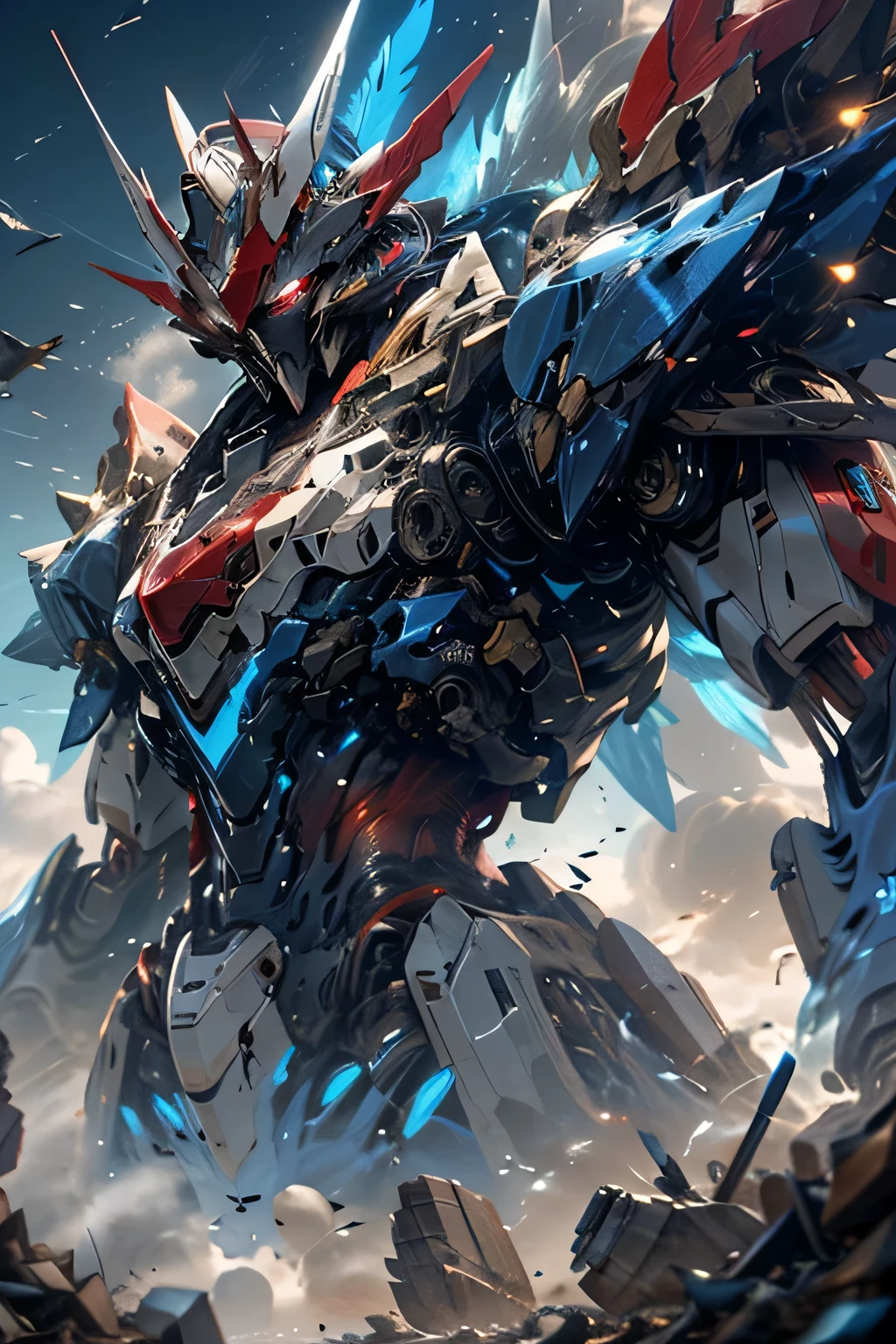 (red eyes: 1.5), (blue body robot: 1.5), ( person: 1.5), giant airplane wings, Unreal Engine, Cinematic Shots , best quality, masterpiece, is present,,science_ best quality ,サイエンス best quality ,Shine_eye, Explosive sparks , ( lens flare:0.3), Volume Fog ,Mecha_ robot ,debris, unidentified flying object , Relic, flying above the clouds