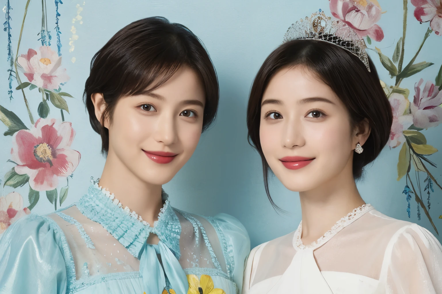 352 ( Twenty Year Old Princess and 20 Year Old Prince),( short hair ), ( high definition), (smile), ( fancy mesh costume), (flower), ( painting by Pablo Picasso )