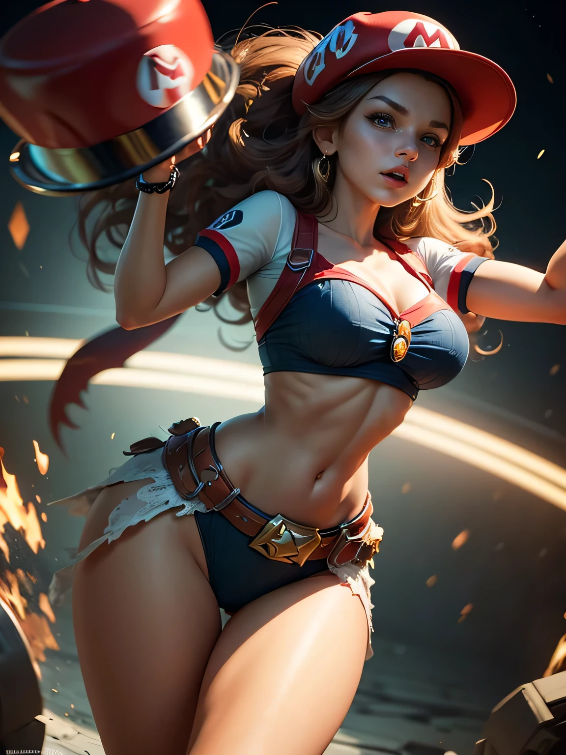 Woman, Brown Hair, long Hair, Blue Eyes, Ponytail, Large Breasts, White overalls, No Shirt, Nude Underneath, ((Red Hat with Letter M)), Work Boots, ((Holding Single LArge Red Flower in Left Hand)), ((Magic fire in right Hand)), (Angry Expression)