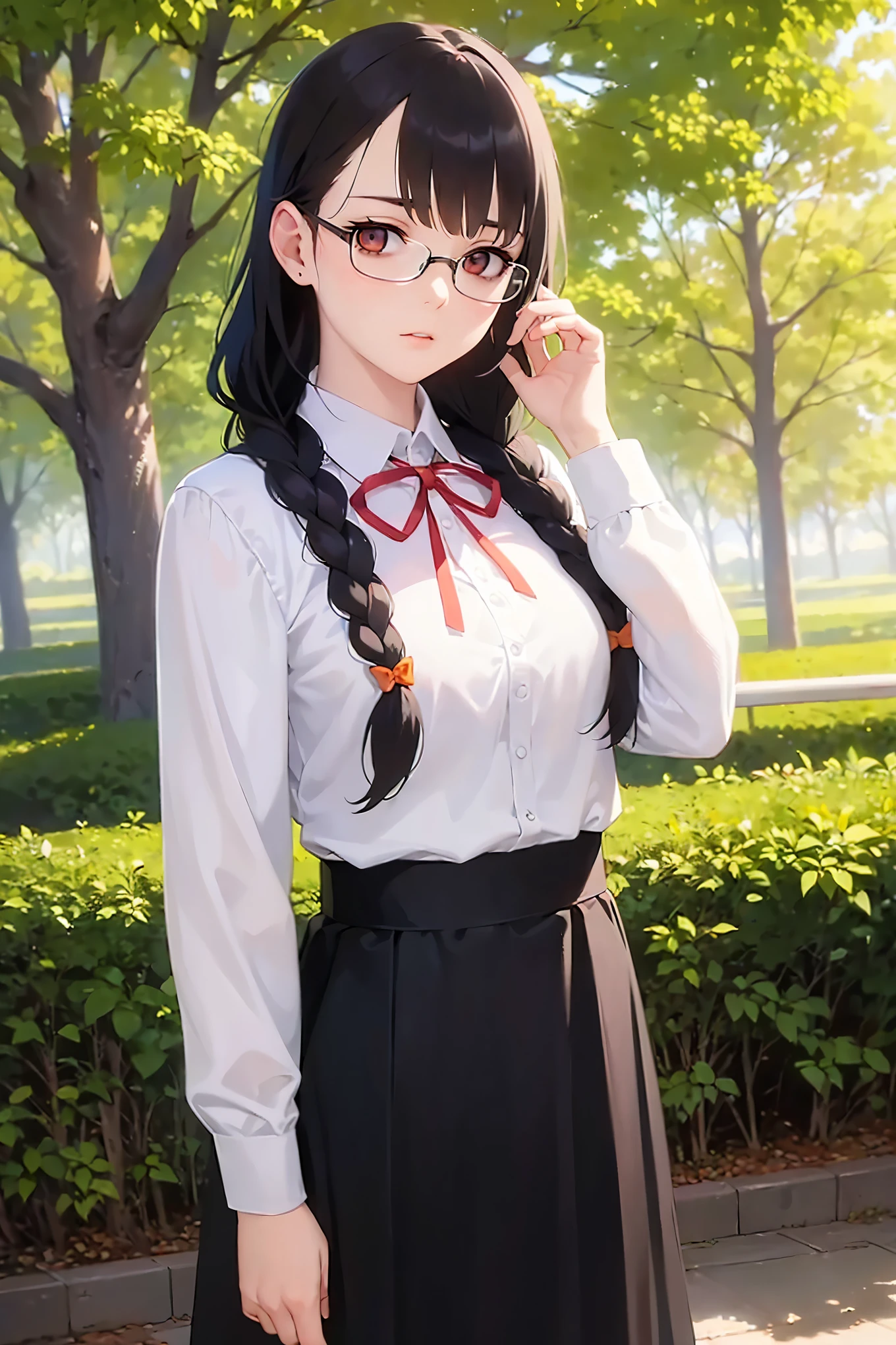 masterpiece, best quality, detailed, Masterpiece, Great detailed pictures, RAW photo, photorealistic, Realistic, real person, upper body, plastic frame eyewear, (pale skin: 1.2), shiny skin, shiny hair, (25-year-old woman with medium hair) and (braids hair) and (brown hair) and (orange eyes), jitome, BREAK high school uniform, (white) and (shirt), black skirt , red ribbon BREAK (worried:1.3), in the park, alone, standing,
