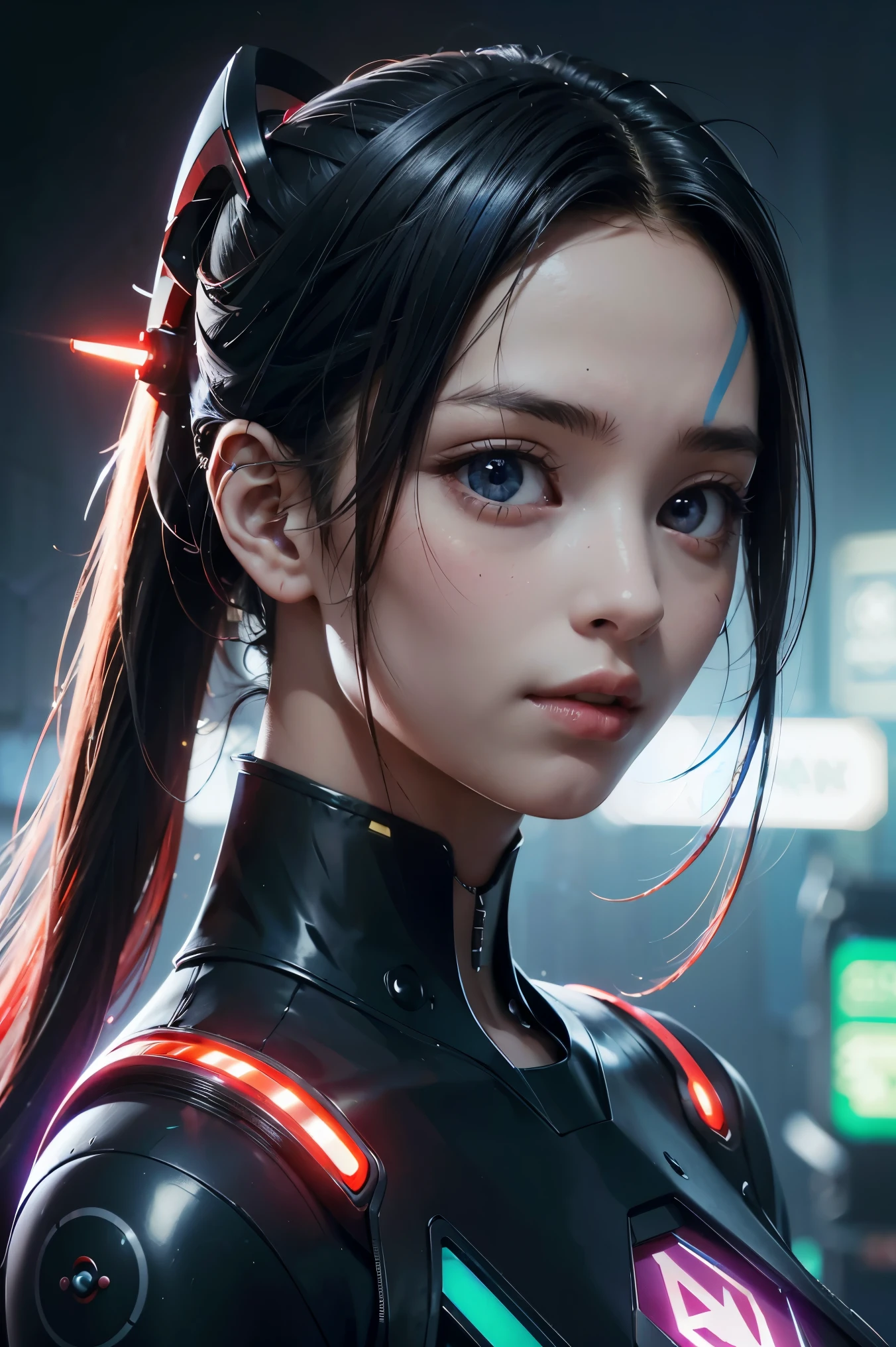 masterpiece, best quality, high resolution, 8K, (portrait), (close-up of avatar), (RAW photo), real photograph, digital photography, (cyberpunk queen), 20-year-old girl, long ponytail hairstyle with bangs, (black and blue gradient hair), (glowing red eyes), devil eyes, serious and charming, mechanical body, green glowing electronic components, red wires and tubes connecting the body, complex purple electronic texture, strange technology symbols, black round forehead symbol, luxurious mechanical crown, keep your mouth shut, (mechanical woman), photo pose, cyberpunk character, future style, gray world background, OC render reflection texture