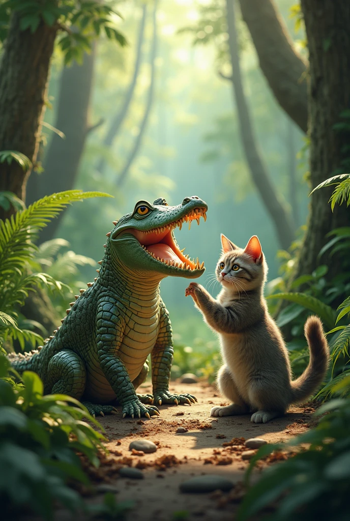alligator playing with cat in a forest realistic
