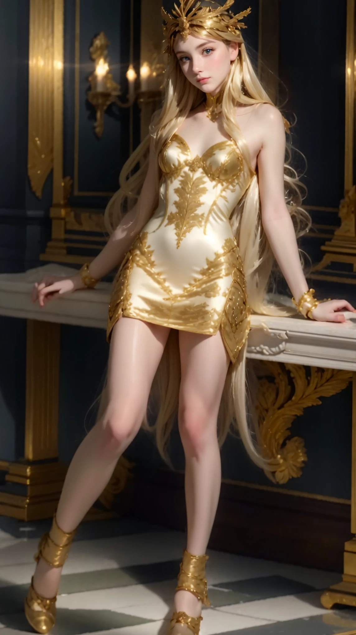 peach orange color, shibuya, hatsuneMiku, (ultra Realistic), ( illustration), (High res), (8K), (highly detailed), (the best illustration), (Beautiful Detailed Eyes), (best Quality), (Super Detailed), (Master peace), (Wallpapers), (Detailed Face), solo, 1 girl, solo girl, disheveled aristocratic dress, White hair, Iris heterochromatic eyes, small moles under eye, medium chest, Long legs, Stunning composition, Foot braids, Beautiful and detailed legs, belly button expose, exposed cleavage, shining thighs, shining legs, showing a delicate slim figure and graceful curves,