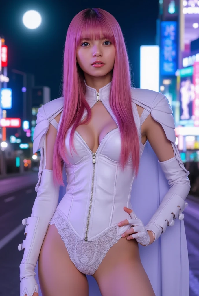 (8k, RAW photo, best quality, masterpiece), ultra high resolution, (realistic, photo-realistic), 1girl, emotionless, solo, pink hair, yellow eyes, professional lighting, detailed lighting, backlight, depth of field, natural lighting, sharp focus, two meter shooting distance, professional photo shoot, detailed eyes, realistic eyes, detailed shadow, cg game, cosplay, pink clothes with arm ring, suspenders, upper body, pink clothes, exterior, crown, Gundam, Mecha, robot
