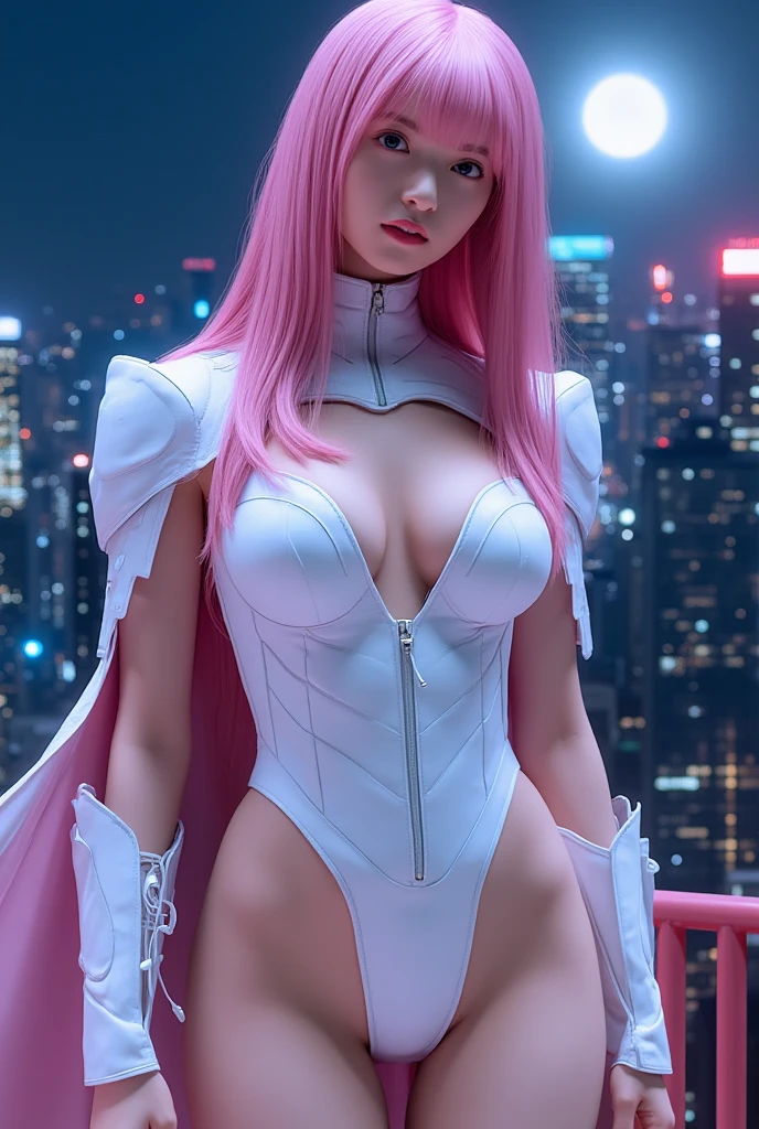 (high quality, 8k, 4K, high contrast, artwork:1.2, high quality, best aesthetics), (centralized), ((1 woman)), super detailed, beautiful face detailed, beautiful eyes detailed, detailed beautiful mouth, light pink hair, long light pink hair, wavy light pink hair, blue eyes, white medieval armor with sexy pink details, cleavage, shoulder pads, long white cape, exposed thighs, exposed belly, pink angel halo, smiling, calm facial expression, standing erect, looking at the viewer, centered, above the clouds, clear sky.
