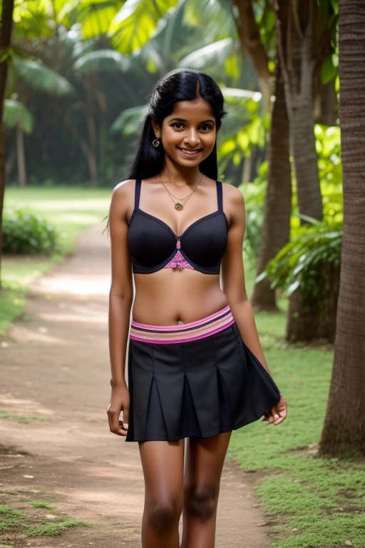 A beautiful 15 year-old   wearing a   Stylish  coloured short skirt and bra, smiling with her beautiful legs exposed, she is Sri Lankan, she has long black hair,more poses,flat breasts