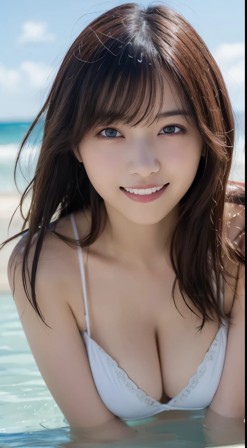 Highest quality, (beautiful)、Micro Bikini、Large breasts、Brown Hair、Looking into the camera、Beach、Place your hands on your chest、Upper Body、smile