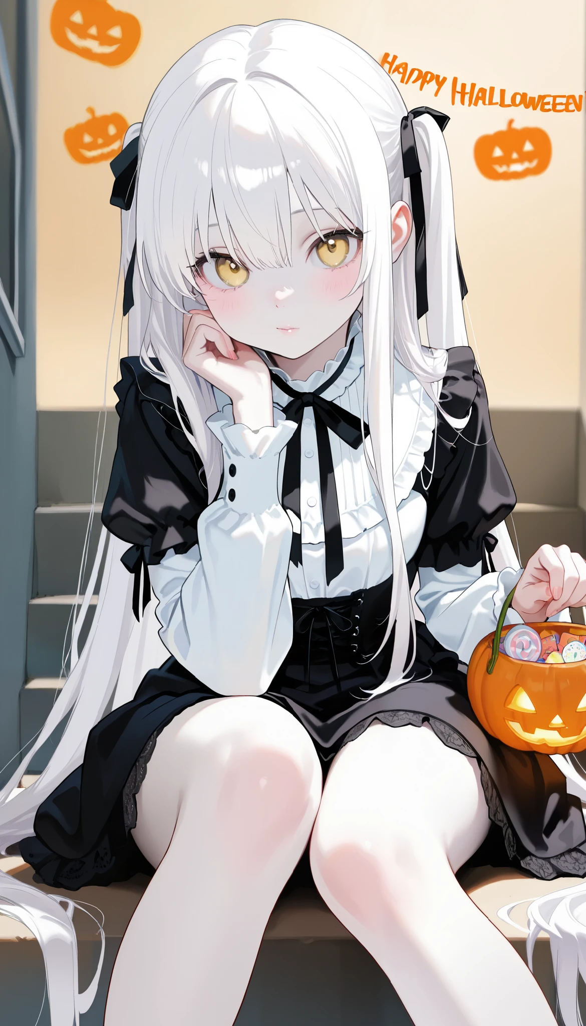   bright color:1.7、   Loss of Pastel Color  :1.7、(   top quality 、masterpiece、   very detailed、   One Girl 、((非常に   cute face)) , ((   long hair )),   long white hair ,   very long straight hair  ,  short bang ,  white albino skin ,  、 has pale yellow eyes like Halloween  ,  Realistic texture that conceals female genitals  ,   cute face、 Silky Short Blonde 、 Knee、   gothic fashion  、   very detailed目、   cute face、   bright color:1.7、   Loss of Pastel Color  :1.7