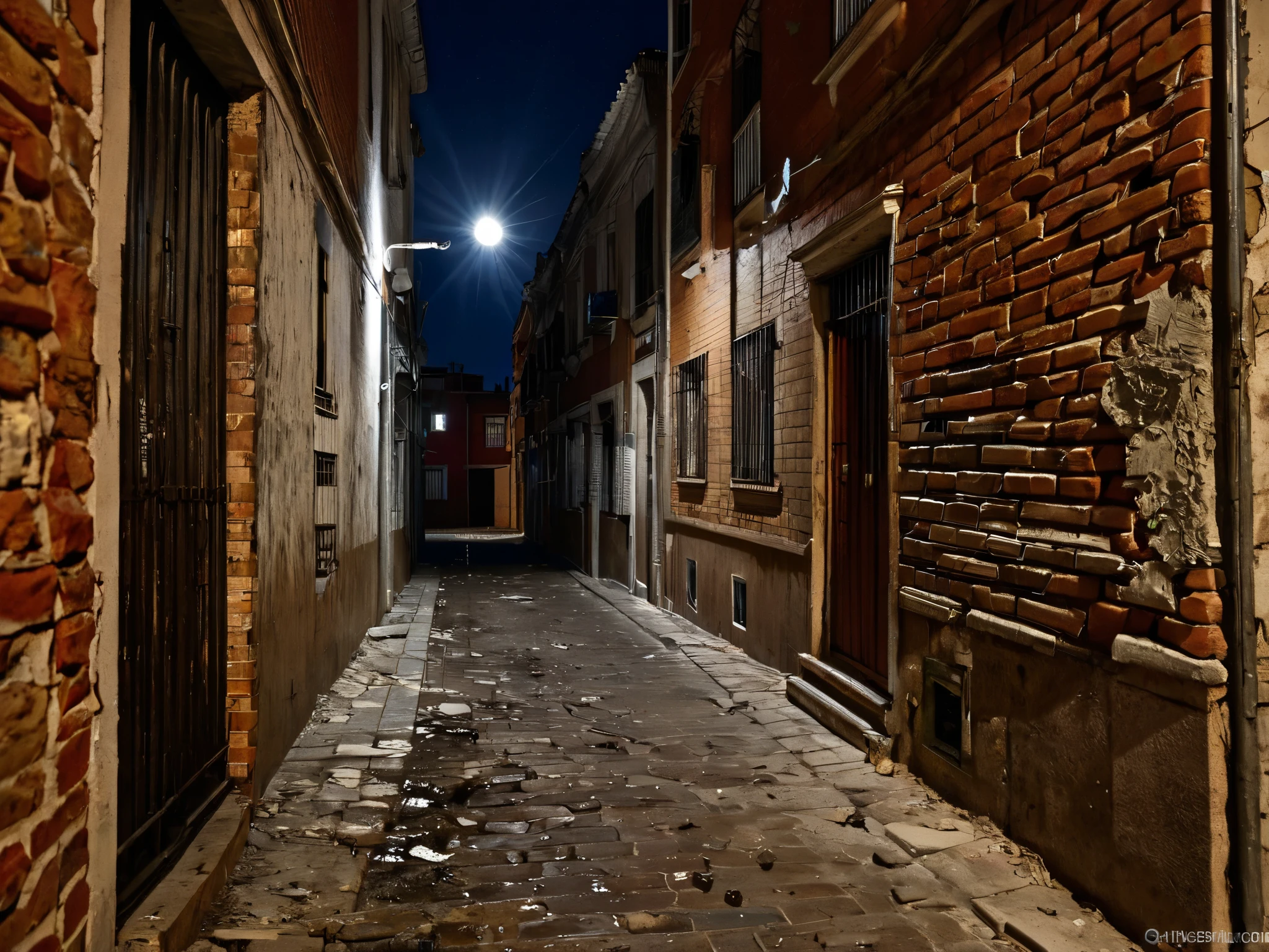 the portal of a dirty and dilapidated block of red brick houses with chipped and painted walls on a very dirty and deteriorated street in a suburb of Madrid on a dark night