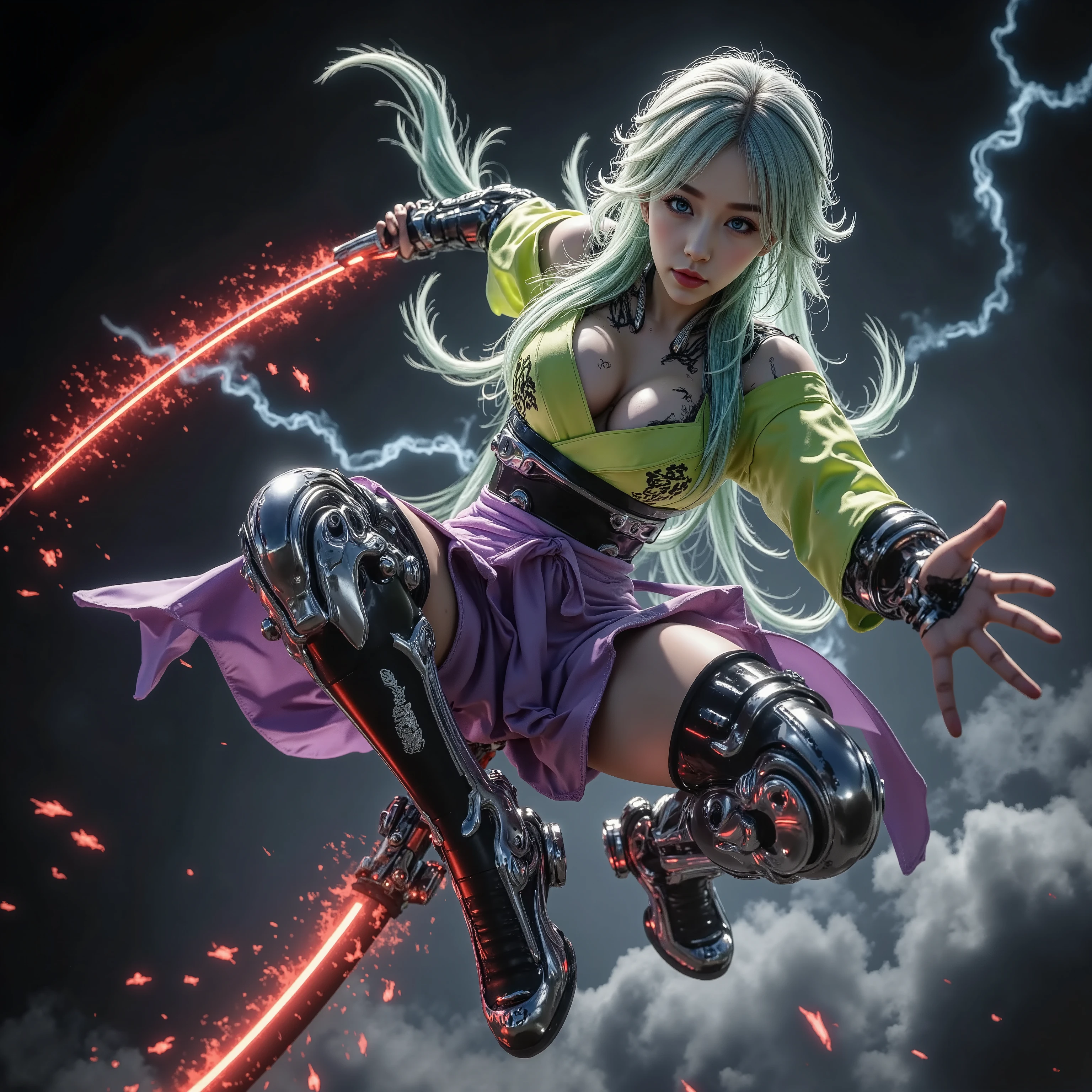masterpiece、whole body、 A fusion of cyberpunk and Japanese tradition、A combination of neon green and purple kimono and cyber armor、 Thunder Battlefield、 light green hair、Hand holding a Japanese sword that emits red thunder、The Goddess Who Dances in the Air、The Goddess Who Descended on the Battlefield、The perfect accessory、perfect headdress、 tattoo