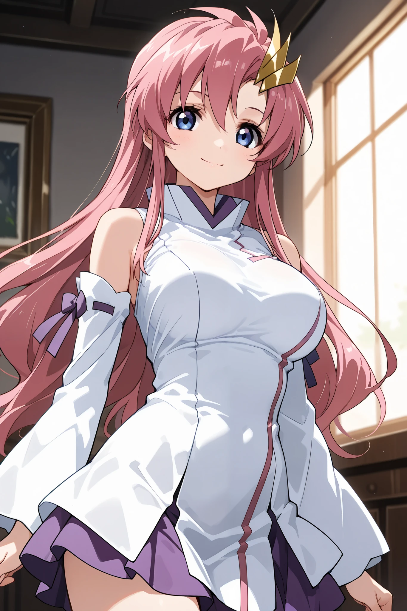 1girl,

Lacus ClyneBB,blue eyes,pink hair,long hair,hair ornament,white dress,white detached sleeves,purple skirt,large breast,

 body,cowboy shot,from front,

 (extremely detailed CG,masterpiece, highres icon,absurdres,4K,f 2.8 lens), 1girl,mature_lady,alone, ( small face), pubic skin, Of light, charming body,Lewd Curves, 

electile nipples through clothes, 

happy smile,
