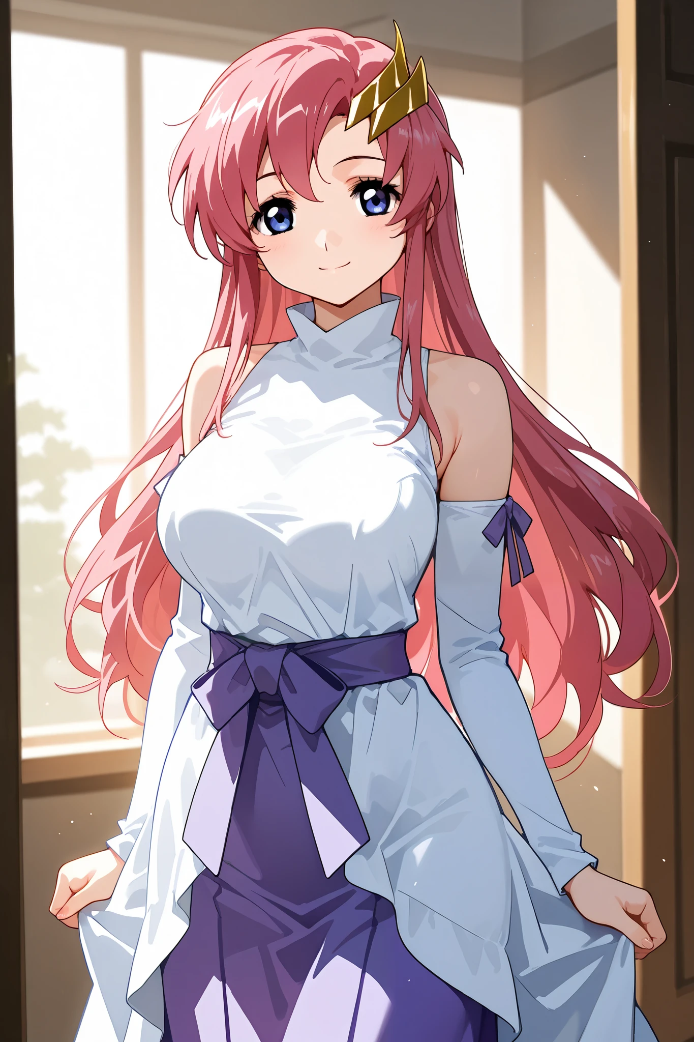 1girl,
Lacus ClyneBB,blue eyes,pink hair,long hair,hair ornament,white dress,white detached sleeves,purple skirt,large breast,
body,cowboy shot,from front,
(extremely detailed CG,masterpiece, highres icon,absurdres,4K,f 2.8 lens), 1girl,mature_lady,alone, ( small face), pubic skin, Of light, charming body,Lewd Curves,
electile nipples through clothes,
happy smile,