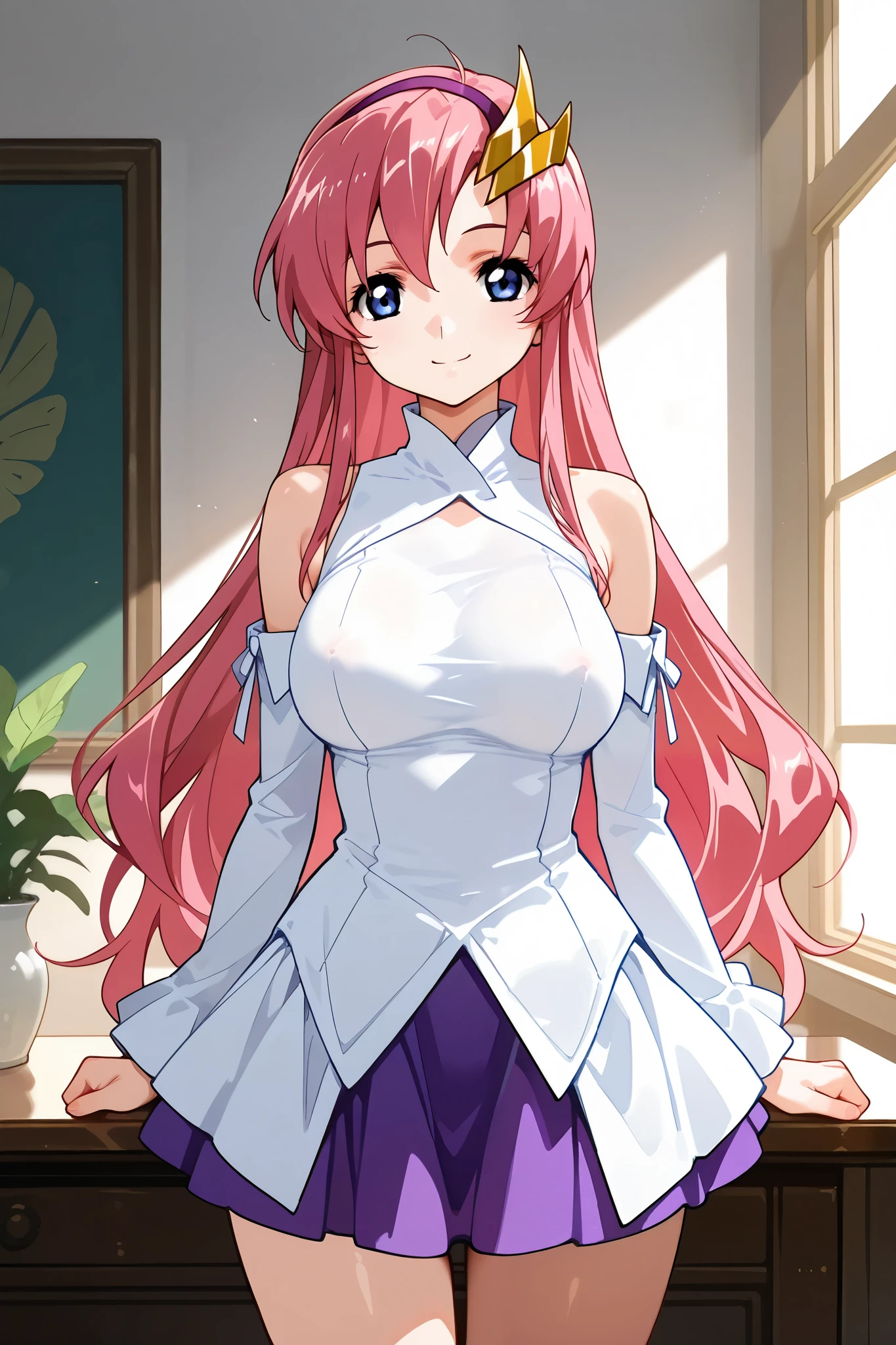 1girl,
Lacus ClyneBB,blue eyes,pink hair,long hair,hair ornament,white dress,white detached sleeves,purple skirt,large breast,
body,cowboy shot,from front,
(extremely detailed CG,masterpiece, highres icon,absurdres,4K,f 2.8 lens), ( small face), pubic skin,Lewd Curves,
electile nipples through clothes,
happy smile,