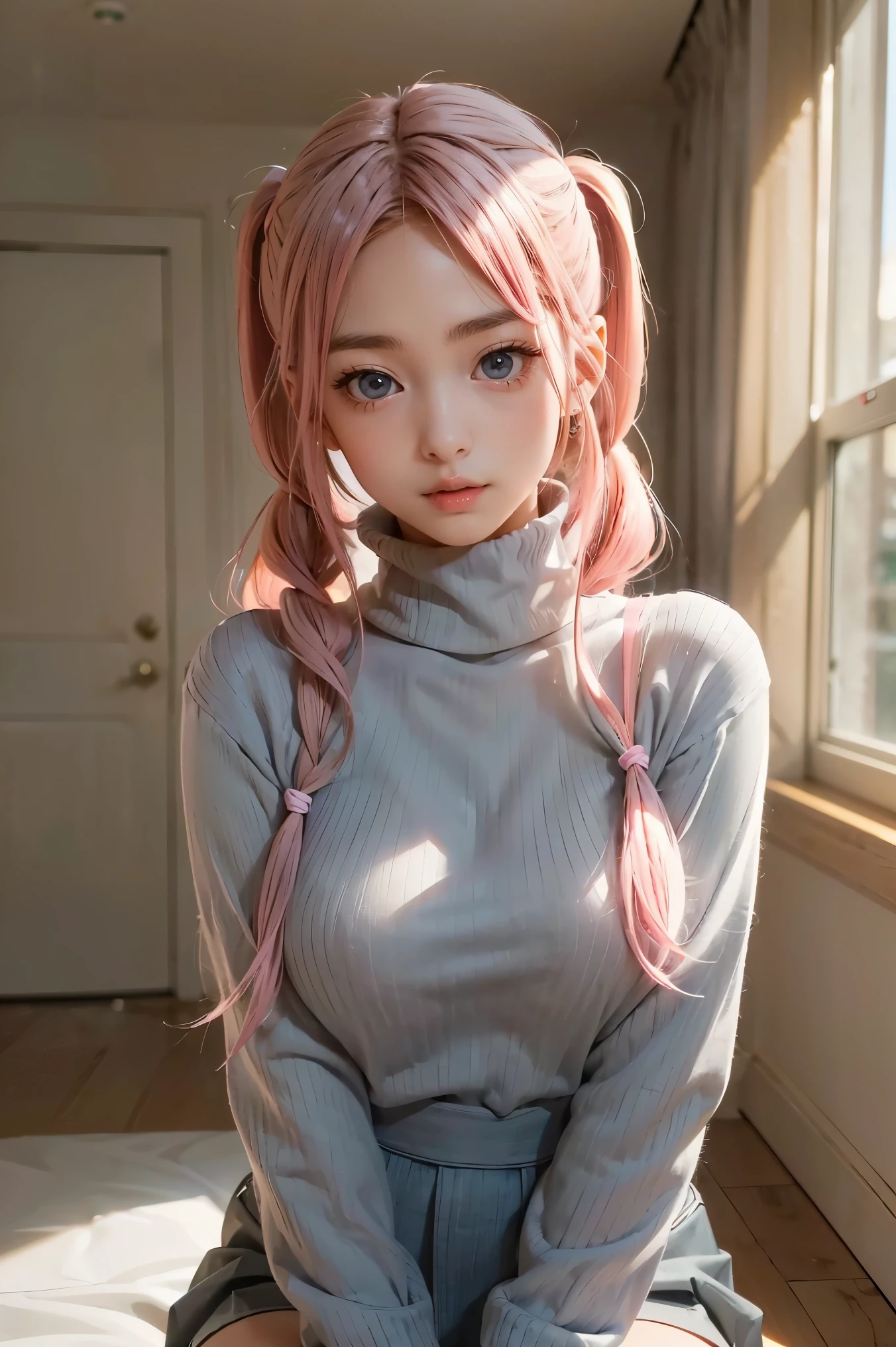 ( masterpiece,  ultra-detailed ,  envelopes,  Clear focus, shadow, anime-style,  ultra high resolution , 8K,  perfect anatomy , Perfect face, (cara detallada), ( Detailed eye ),  score_9,  score_8_above,  score_7_above,  source  _animated, Big breast girl .  An attractive anime-style woman with long pink hair tied in two pigtails.  She wears a dark gray turtleneck sweater and a light gray denim skirt . Her expression is sweet and shy ,  with a faint blush on her cheeks . The background is blurry,  suggesting a room illuminated by natural light coming through a window .