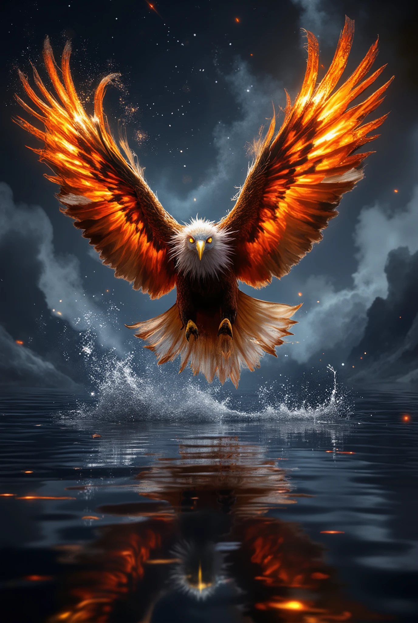 fantasy style, Fantasy, , a beautiful eagle bird with large wings with fiery plumage , takes off beautifully and soars above the water creating a wave and beautiful magical sparkles very bright and beautiful, under the stars and the night sky , masterpiece, 8 k, best quality, complicated details, Excellent quality , Epic,