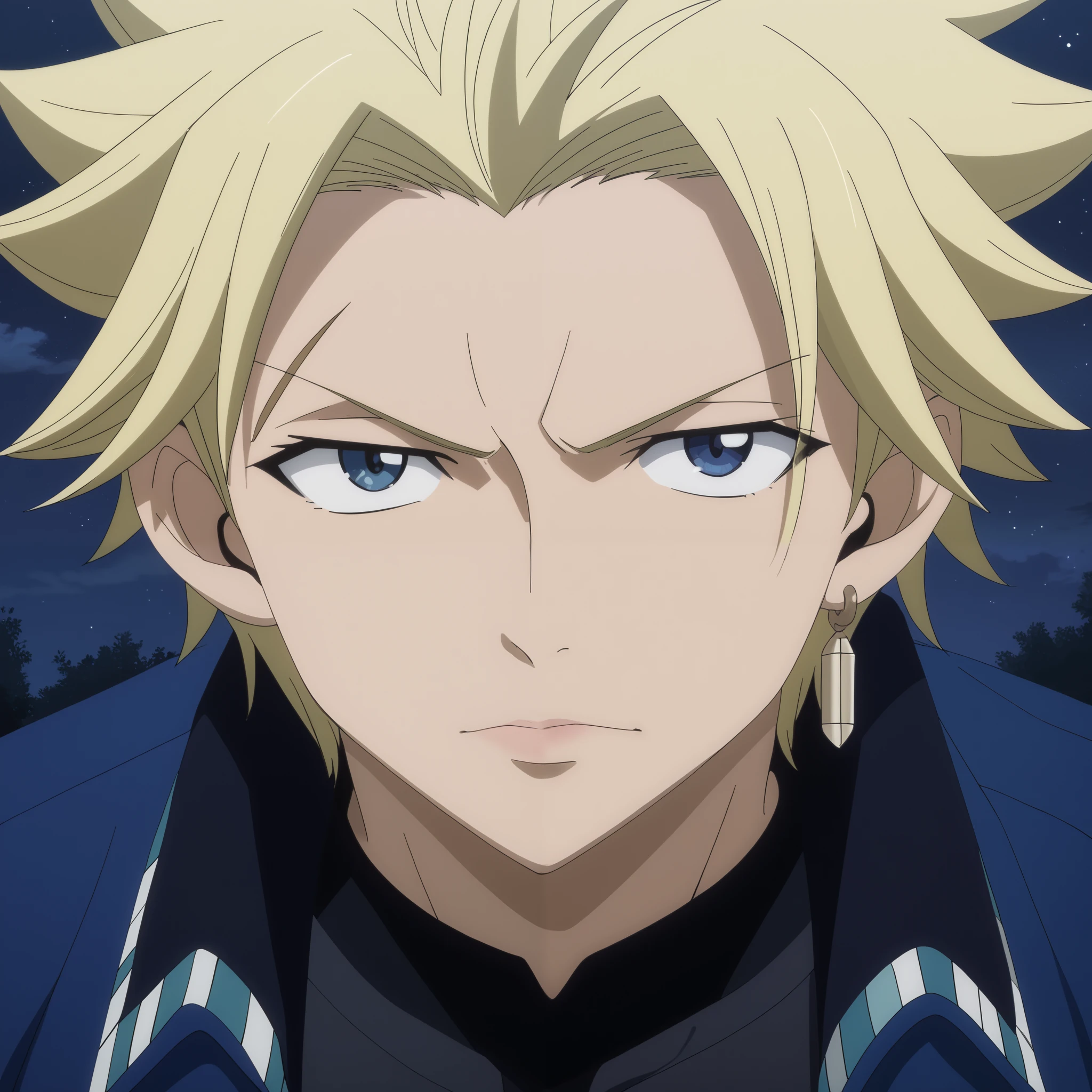 front view, Frontal portrait, close-up, looking at viewer, score_9, score_8_up, score_7_up, source_anime, StingFT, Sting blonde hair, light yellow Sting, 1boy, male focus, anime screencap, a blue men's jacket with gold or yellow details, which fits his athletic figure. Underneath, he wears a black long- or short-sleeved T-shirt. His pants are dark and tight fitting, and he completes the look with white fingerless gloves that add a modern touch. He also usually wears a belt with a decorative buckle, dark night sky background with soft shadows, soft blue lighting highlighting his features, high-quality anime details, vivid colors