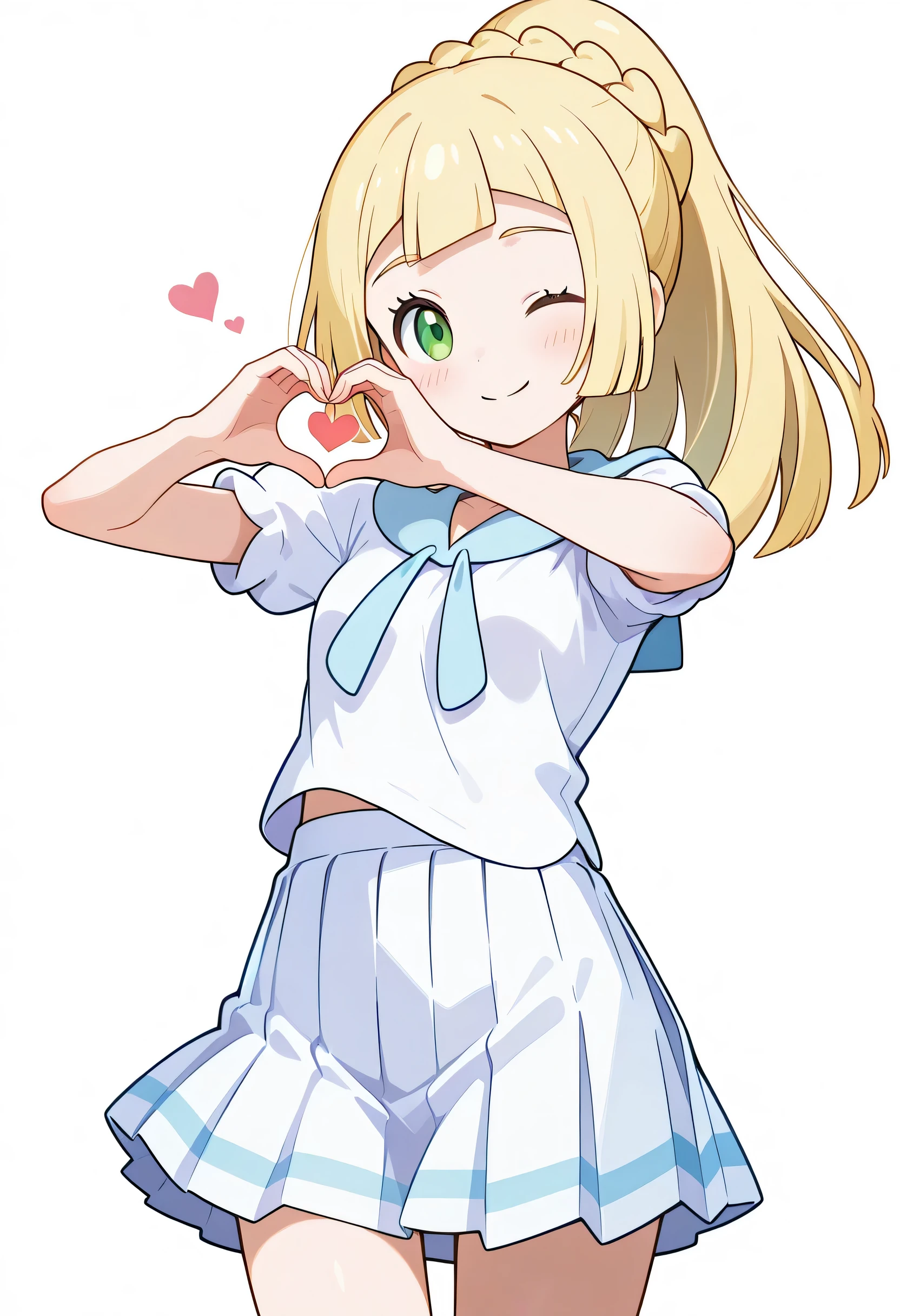 score_9, score_8_up, score_7_up, score_6_up, score_5_up, score_4_up, source_anime, aalillie, long hair, blonde hair, french braid, ponytail, green eyes, small breasts, white shirt, short sleeves, pleated skirt, white skirt, one eye closed, heart hands, smile,white background