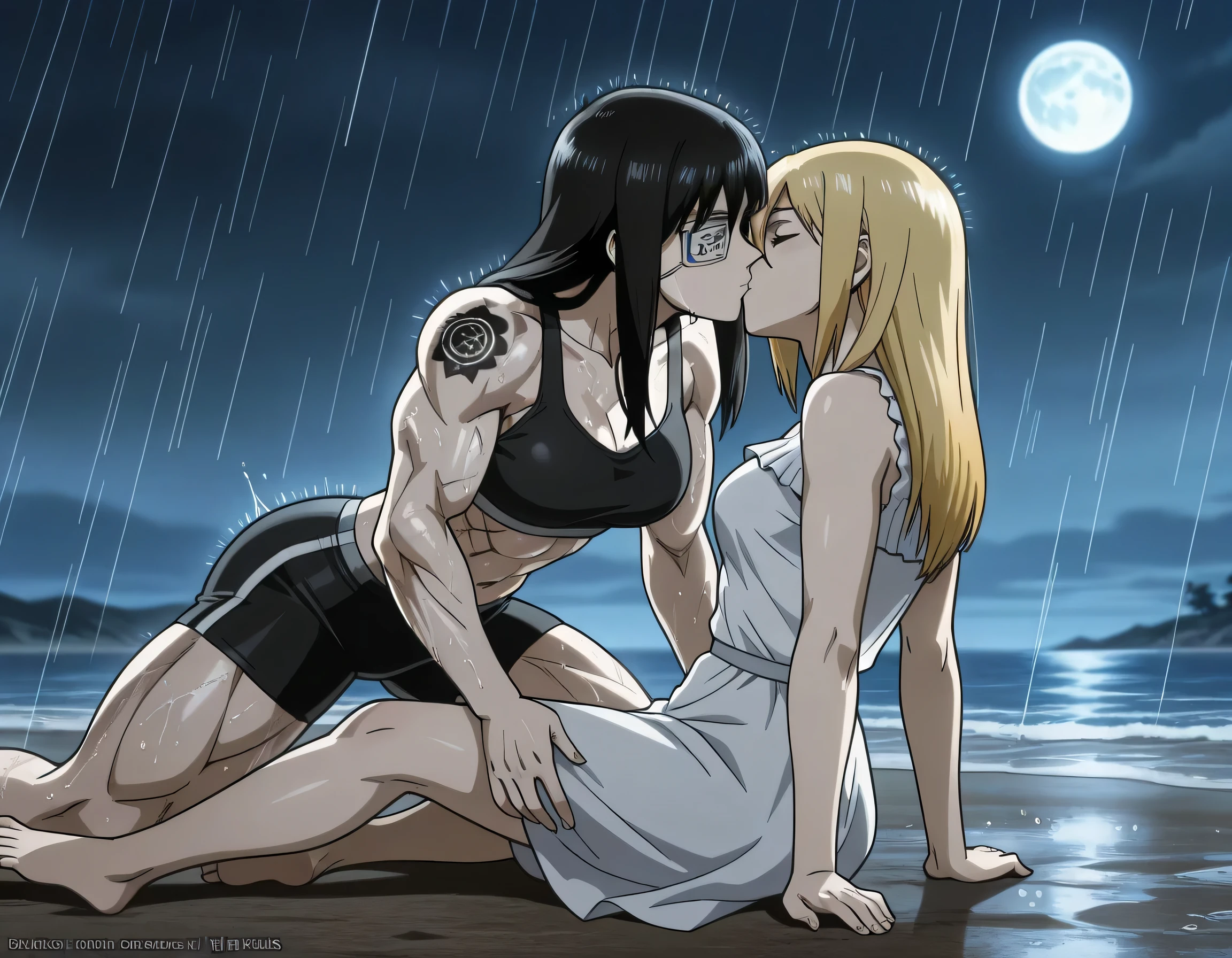 2girl,,mm,mature female,black hair,eyepatch,brown eyes,medium breasts,anime coloring,long hair,
muscular,black sport bra and black sport shorts,cowboy shot,beach, tattoo,
,masterpiece,best quality,amazing quality,having a penis,Valmet enjoy kissing,muscles detailed,muscles lines,pelvis muscles,Shining muscles,, , blonde hair long hair historia reiss with valmet ,,lesbians,yuri,romantic yuri,historia reiss love,historia reiss soft body,historia reiss closed eyes,historia plush face,bodys stuck together,Valmet hands on historia reiss,historia reiss with beautiful Curves,historia reiss hands around Valmet back,historia reiss not having any muscles historia reiss kissing Valmet wets bodys,dynamic sex,,in night,moon,shadows on character's body,historia reiss wearing white dress sleeveless,wets,raining,historia reiss laying her back on ground,Valmet above historia reiss,historia reiss open legs,Valmet her body laying top on historia reiss,sleeping kissing,historia reiss and valmet kissing deep,historia
Reiss open legs to Valmet waist,historia reiss body small than valmet body,difference body sizes,Valmet taller than historia reiss,,Valmet ×historia reiss