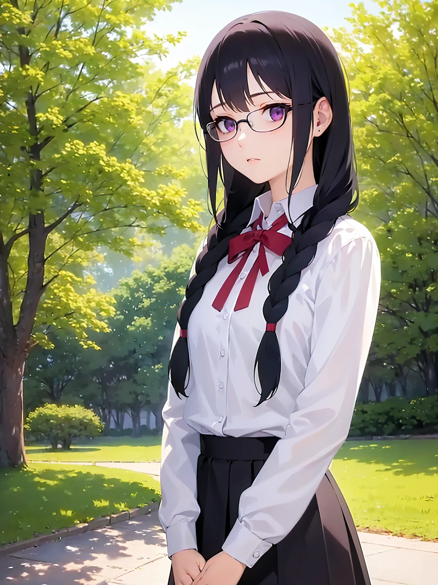 masterpiece, best quality, detailed, Masterpiece, Great detailed pictures, RAW photo, photorealistic, Realistic, real person, upper body, plastic frame eyewear, (pale skin: 1.2), shiny skin, shiny hair, (-yeld giwith medium hair) and (braids hair) and (black hair) and (purple eyes), jitome, BREAK high school uniform, (white) and (shirt), black skirt , red ribbon BREAK (worried:1.3), in the park, alone, standing,