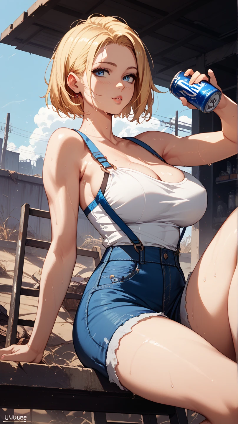 Sexy blue mary , UHD,  short hair,  blond hair , blue eyes big breasts, in a wasteland,  sitting on a ladder, sweating,  drinking from a can, pose sexy, 