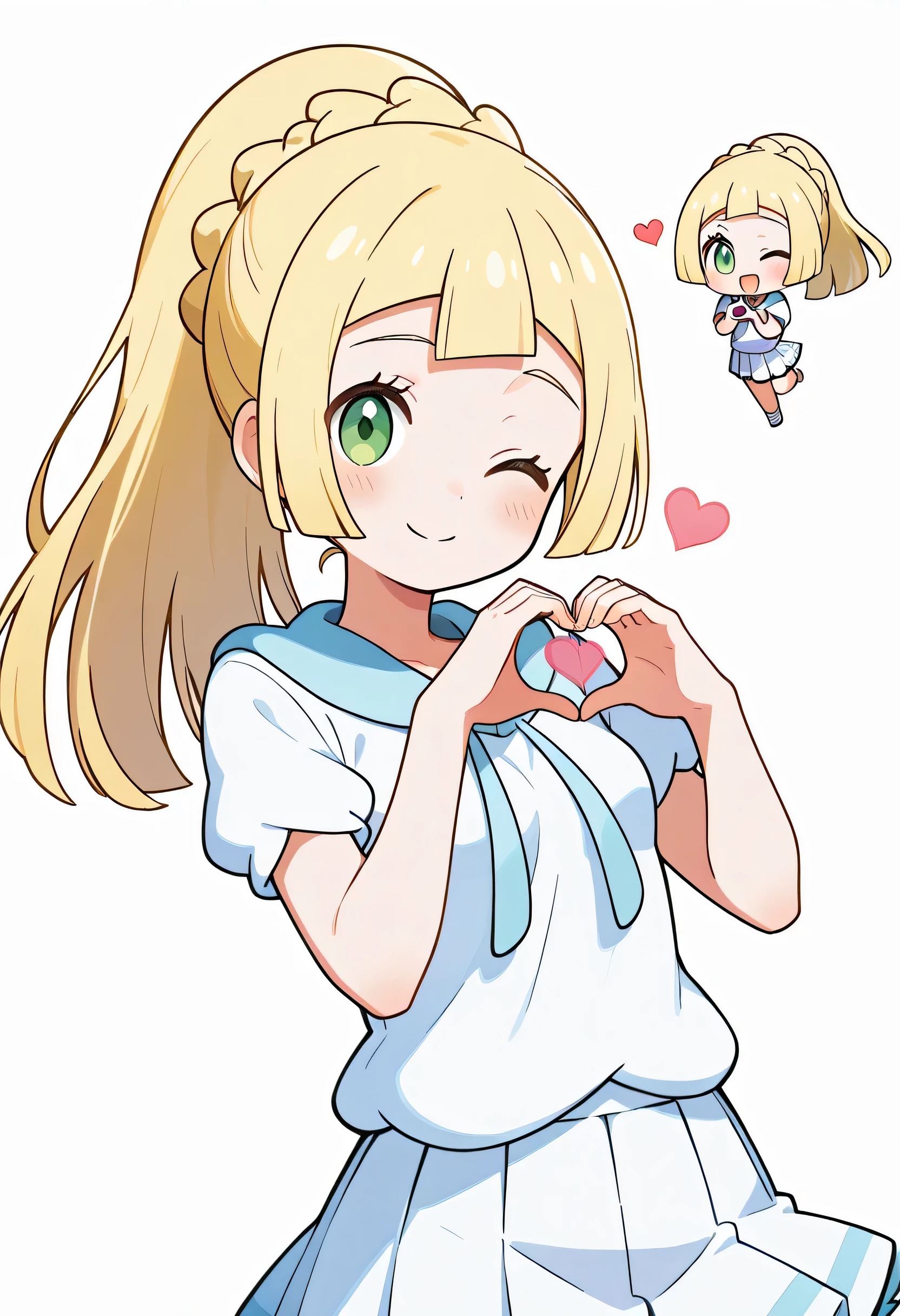 score_9, score_8_up, score_7_up, source_anime, (chibi),aalillie, long hair, blonde hair, french braid, ponytail, green eyes, small breasts, white shirt, short sleeves, pleated skirt, white skirt, one eye closed, heart hands, smile,white background