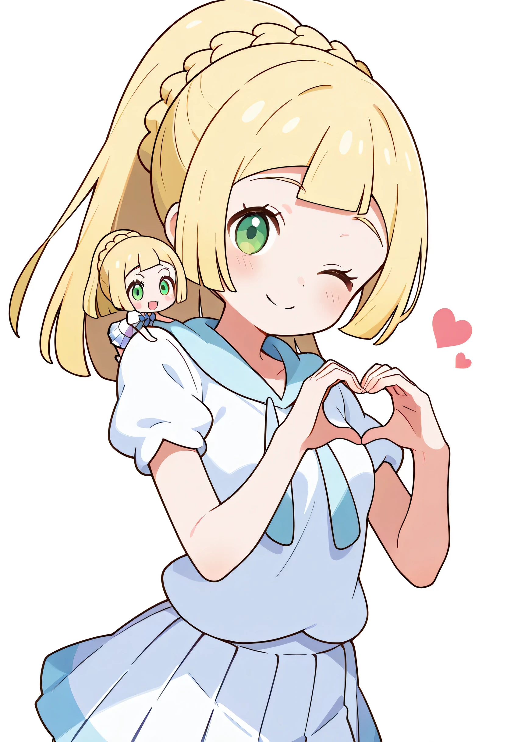 score_9, score_8_up, score_7_up, source_anime, (chibi),aalillie, long hair, blonde hair, french braid, ponytail, green eyes, small breasts, white shirt, short sleeves, pleated skirt, white skirt, one eye closed, heart hands, smile,white background
