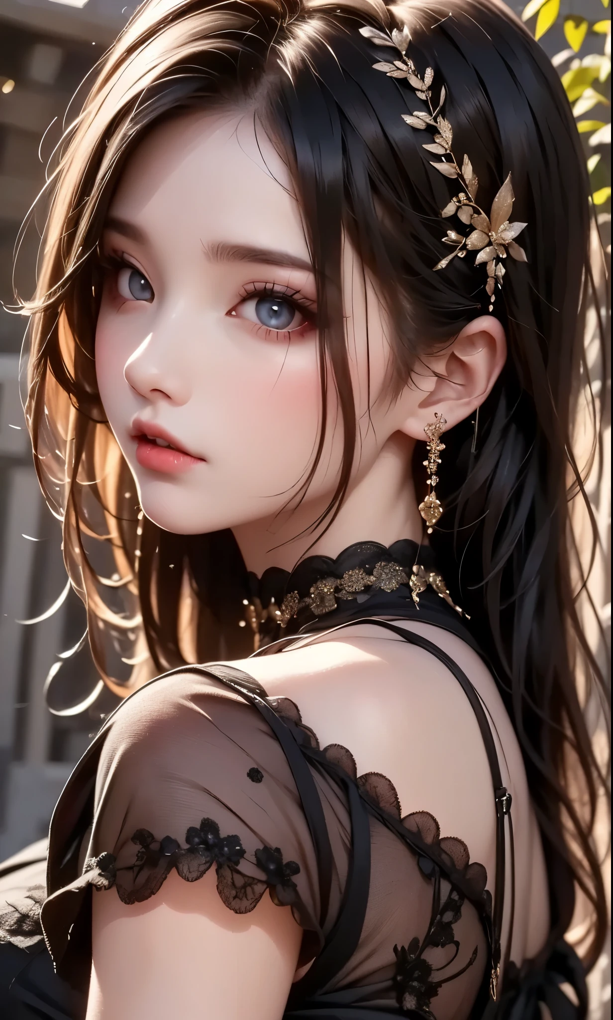 RAWphotograph, photograph, Realistic, 8K vivid photograph of a woman in nature, Super detailed, In detail, Dramatic Light, In detail beautiful eyes, Detailed skin, Depth of written boundary, Grey Eyes, ((black dress)), from side, cool girl face, beautiful eyes, face type, reika