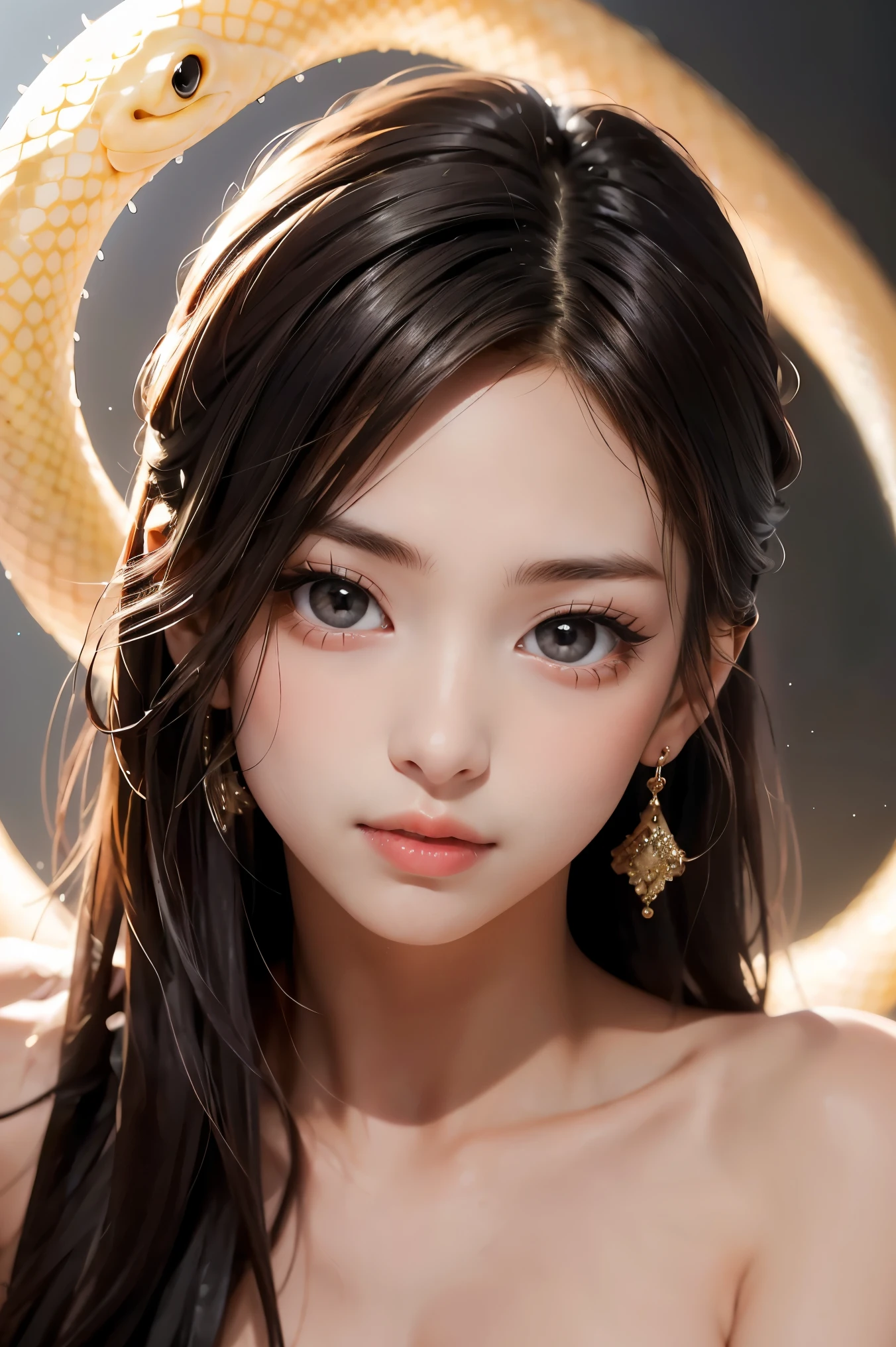 Photo of a beautiful girl with dark hair and piercing eyes. She has white skin and an enigmatic gaze, showcasing an elegant posture. A snake with shimmering scales adds to the deep silence and mysterious aura. The background features a bokeh effect, creating depth of field in stunning 4K quality, giving it a whimsical touch.