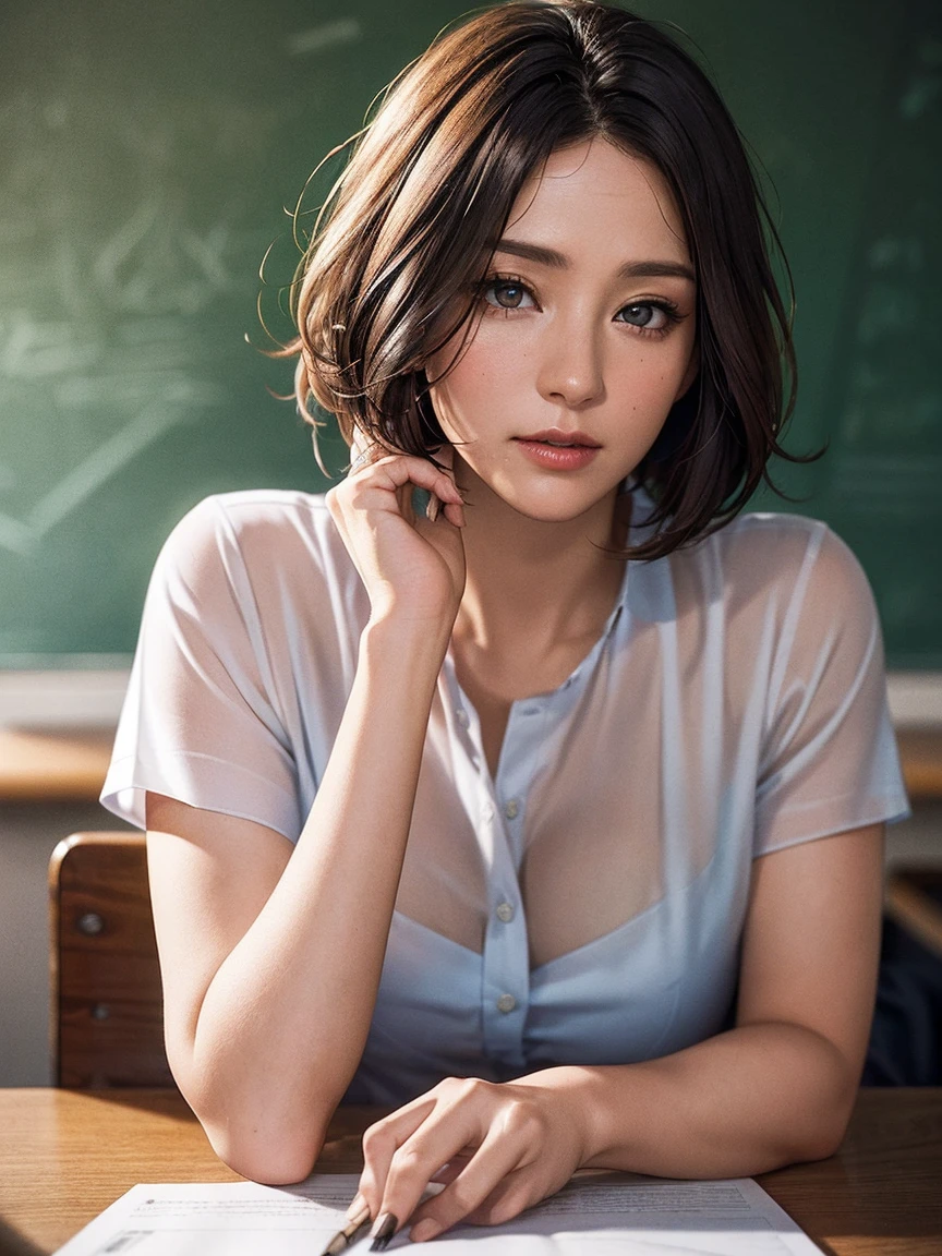 35 yr teacher in classroom alone, wearing sleeveless blouse showing cleavage giving erotic eye contact, very small skirt, lip bite