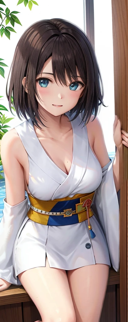 Off-the-shoulder attire，looks into camera，The upper part of the body，Black color hair，ssmile，hot onsen，Half of the body is in water，perspire，white bathrobe，sportrait，thermography