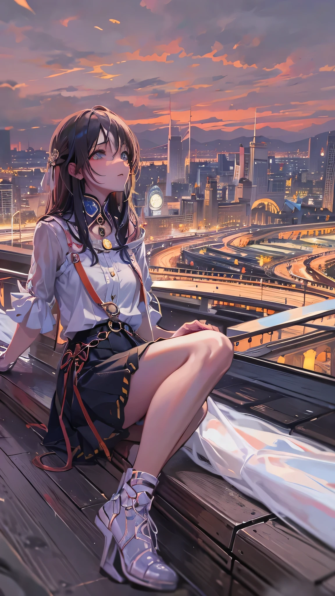 long and beautiful thighs and legs;sitting cute pose; staring on sky; mini-skirt; full stockings; aesthetic; bohemian; realistic; skinny fit; emo; ; night city background; Dark fantasy ; focus on hips; goddess; beautiful solo girl; epic scene; emotional