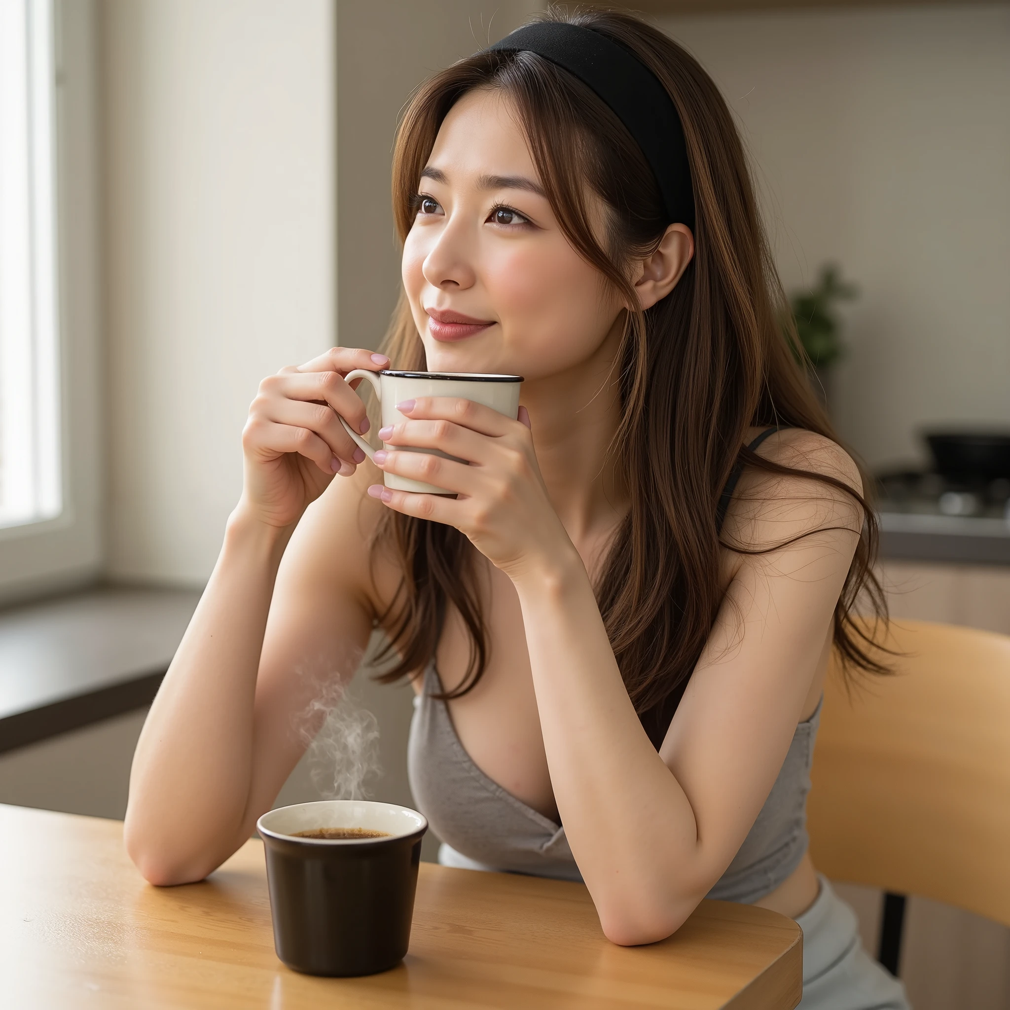 『 a Japanese girl :1.3』『 real photo :1.3』 best quality:1.2、(( big breasts))、 with a slight cleavage 、(( young woman))、(( have red cheeks ))『smiling with teeth:1.9』、((( anatomically correct、 perfect anatomy、 anatomically correct指)))、 is present, best quality, super high resolution, RAW photos, (Curvy body)、 Japanese woman、38 years old、 sits at the kitchen table with hot coffee in one hand 、Tilt your neck 、(((( she rests on her chin with one hand 、 doing thoughts))))、 smirking 、 accurate hands、Accurate Fingers、Euphoria、( long, disheveled brown hair with highlights behind her、Wearing a black hair band 、 the soft morning light of the sunrise accentuates her face )