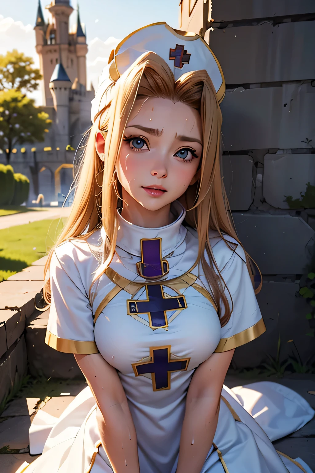 perfect anatomy best quality, highest resolution,(((metallic shiny castle dress shiny nurse hat sweat))) Tales of Phantasia mint ruins