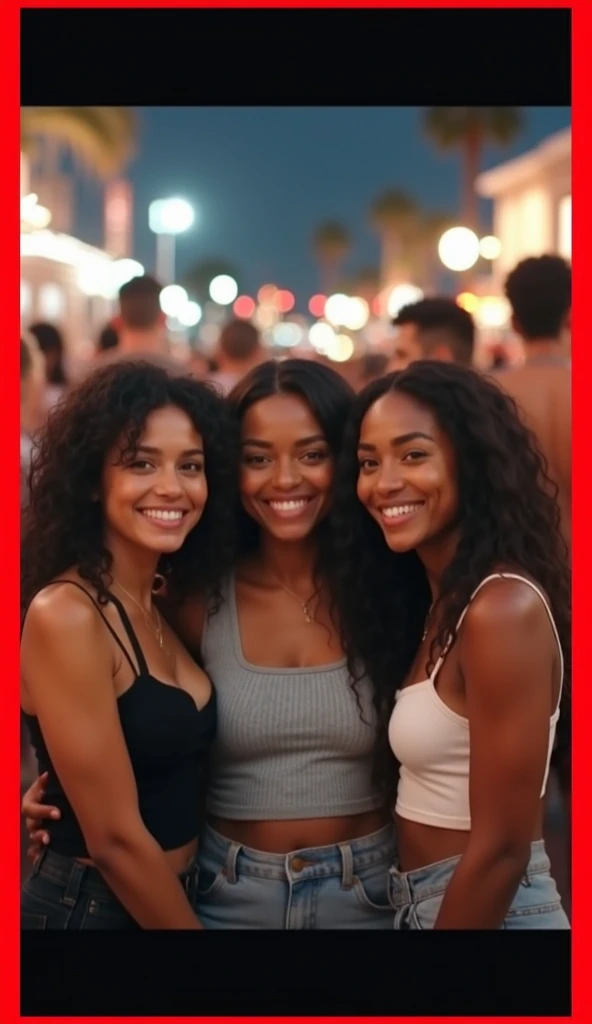 three tanned caucasian women, friends, oily foreheads, shiny foreheads, smiling, outdoor, coachella, night time, candid photography, flash lighting