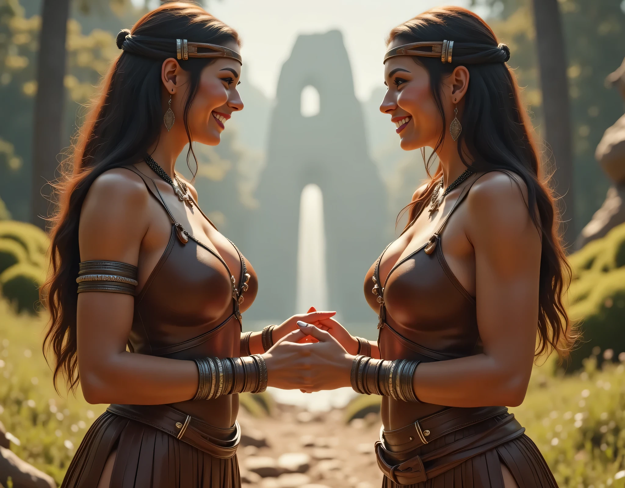 A hyper-realistic ultra wide angle image shot of 2 couple prehistoric tribe female friends, symmetrically balanced in composition. The image shows a full body angle view of a lively, lusciously vivacious, and shapely 2 women wearing a realistic primitively leather tribe cultural indigenous long dress. They are kindly and politely greeting each others, friendship and smiling. The background features a natural scenery with central leading lines, creating a sense of depth. The image has a UHD ambience, with a zoomed-out perspective, soft lighting, and a wide-angle view. The texture is highly detailed, with realistic hands and accurately depicted human fingers. The woman's hair is shiny and lifelike. The overall style is reminiscent of stonepunkAi Artwork, SandalPunkAi Artwork, BronzePunkAi Artwork, and Far Cry 5 game artwork.