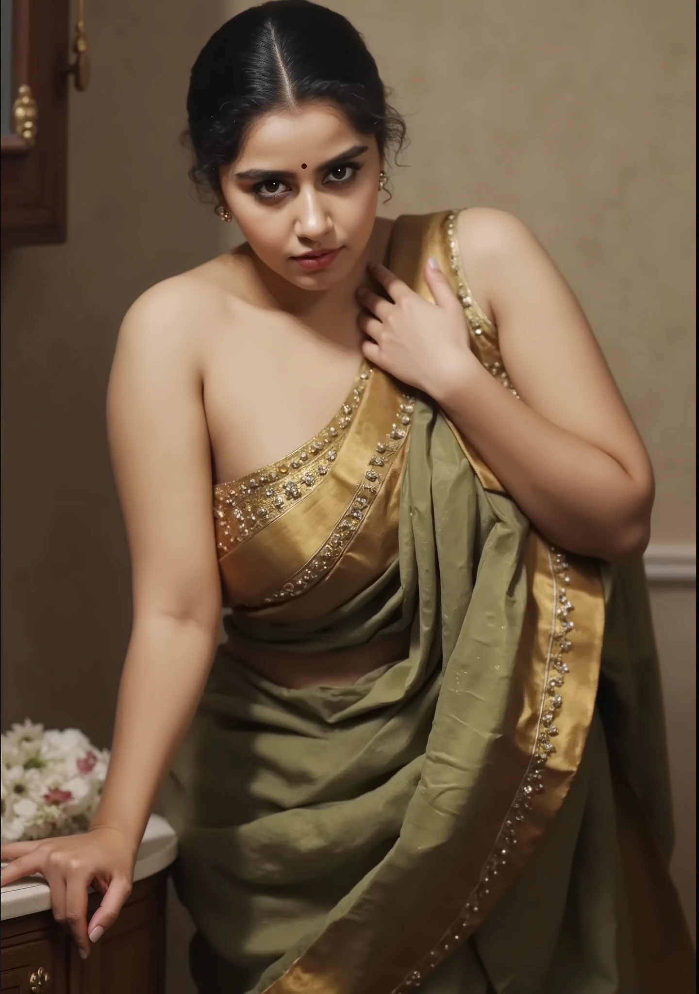 Beautiful Indian Woman, wearing saree, sari Beauty, gorgeous, Apsara, Maharani, royal queen woman, nymph from Hindu Mythology, Urvashi, matchless beauty, Highly detailed, Oil Painting by Peter Paul Rubens inspired by Raja Ravi Varma, Matchless beauty, captivating, gorgeous, heavenly beauty, celestial beauty, by Peter Paul Rubens, 13, realistic, hyper realistic, micro details, incredible artwork, insane details, ultra High resolution, 8k, 32k, acrylic on canvas, intricate, flawless, detailed, detailed face, detailed eyes, masterpiece, by Peter Paul Rubens, by Caravaggio, by William Adolphe bouguereau, perfect face, perfect body, beautiful art, realism, baroque, renaissance Art, highly textured, beautiful and detailed eyes, uhd, best quality,
