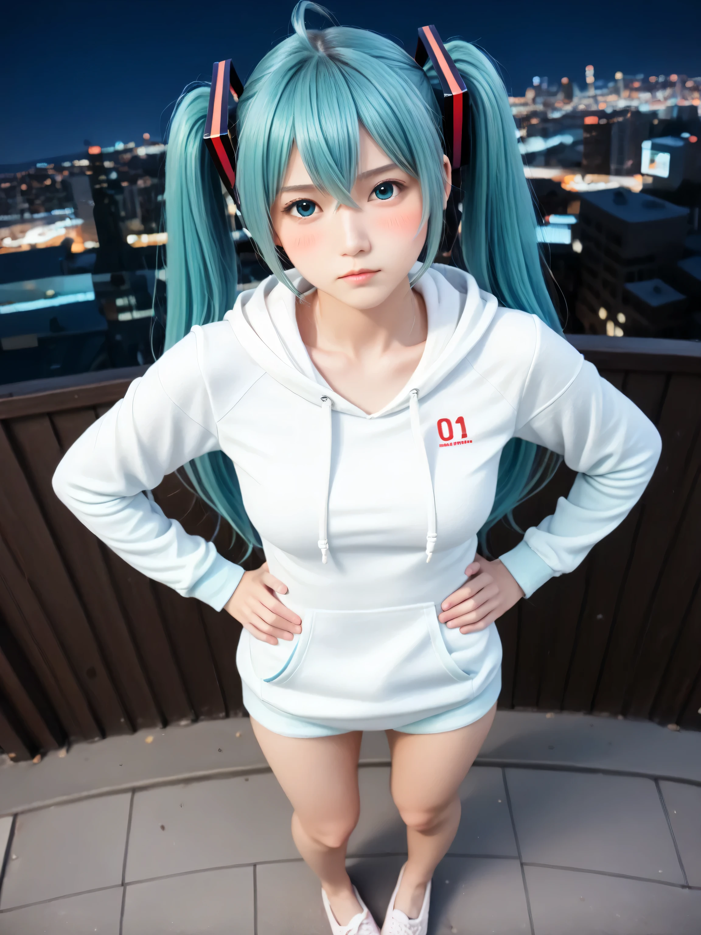 score_9, score_8_up, score_7_up, source_photo, realistic, photo, (((masterpiece, best quality))), ((((best quality, realistic, photo-realistic)))), ((((photorealistic)))), (((((19 years old))))), 1girl, mikuhatsune, miku hatsune, ahoge, ((((aqua eyes)))), ((((aqua hair)))), (((crossed bangs))), ((hair between eyes)), (((hair ornament))), headphones, long hair, ((((twintails)))), ((((mature female)))), ((((depth of field)))), blurry background, Detailed face, ((((medium breasts)))), big breasts, ((solo)), busty, ((1girl)), beautiful breasts, beautiful ass, shiny skin, ((((sharp focus)))), perfect hands, ((((outdoors)))), ((((simple background)))), (((((night))))), dutch angle, cowboy shot, dynamic angle, cute face, (pretty sister), ((pretty)), ((ultra-detailed)), ((an extremely delicate and beautiful)), Beautiful eyes, (((big eyes:1.5))), (((sensual vibe))), ((((feeling pleasure)))), ((((ideal body)))), ((((energetic)))), ((perfect fingers)), (((realistic:1.4))), (((((sexy pose))))), (((((seductive pose))))), (((((expressionless))))), (((((blushing))))), ((((full body))))), (((((cityscape))))), rooftop, city, (((((standing))))), (((((hands on hips))))), (((((pout))))), looking at viewer, blush, (((((from above))))), (((((hoodie))))), oversized clothes, (((((bottomless))))), (((((bottom less)))))
