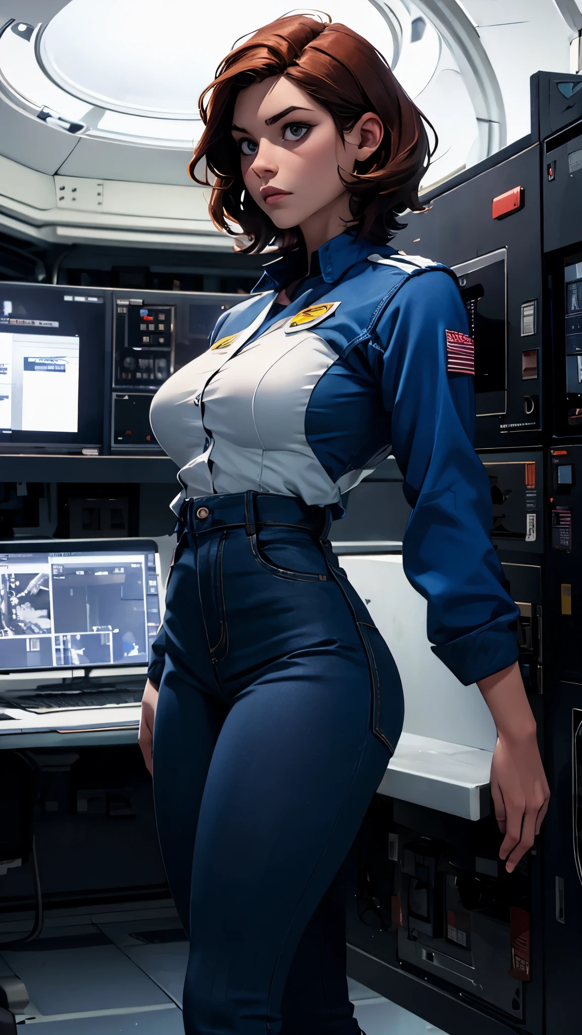 woman, white longbob haircut, Military Uniform, big breast, blue eyes,Green Flecktarn trousers, black boots, standing in the Command Room