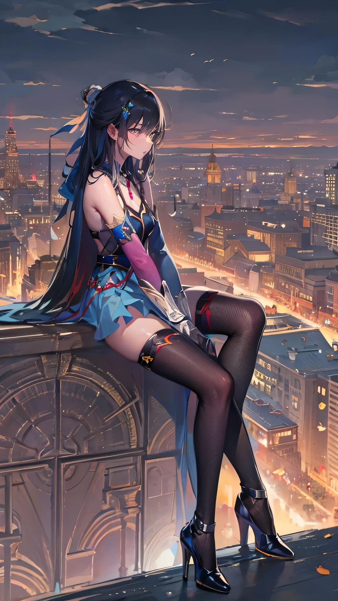 long and beautiful thighs and legs;sitting cute pose; staring on sky; mini-skirt; full stockings; aesthetic; bohemian; realistic; skinny fit; emo; ; night city background; Dark fantasy ; focus on hips; goddess; beautiful solo girl; epic scene; emotional